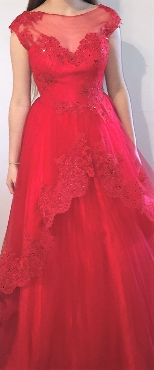 Style 48233H Mac Duggal Size 4 Prom Cap Sleeve Lace Red Ball Gown on Queenly