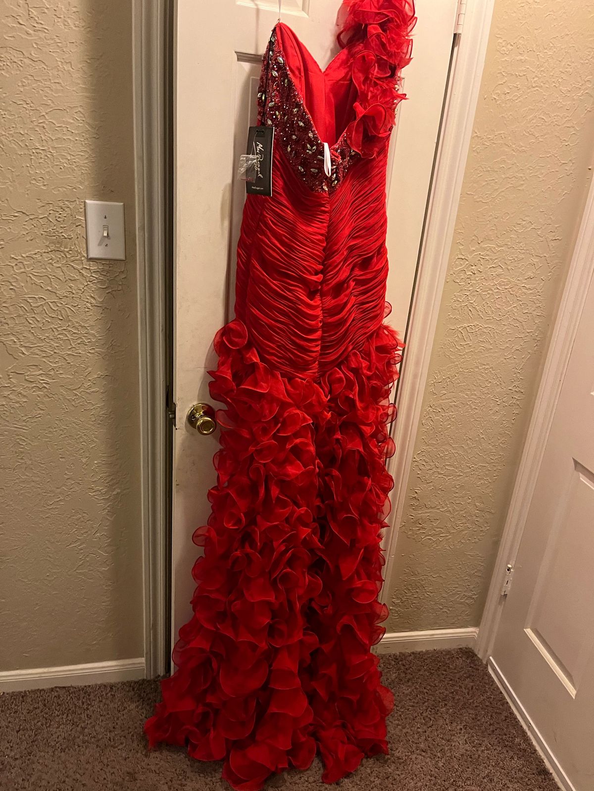 Style 429 Mac Duggal Size 8 Prom One Shoulder Red Dress With Train on Queenly