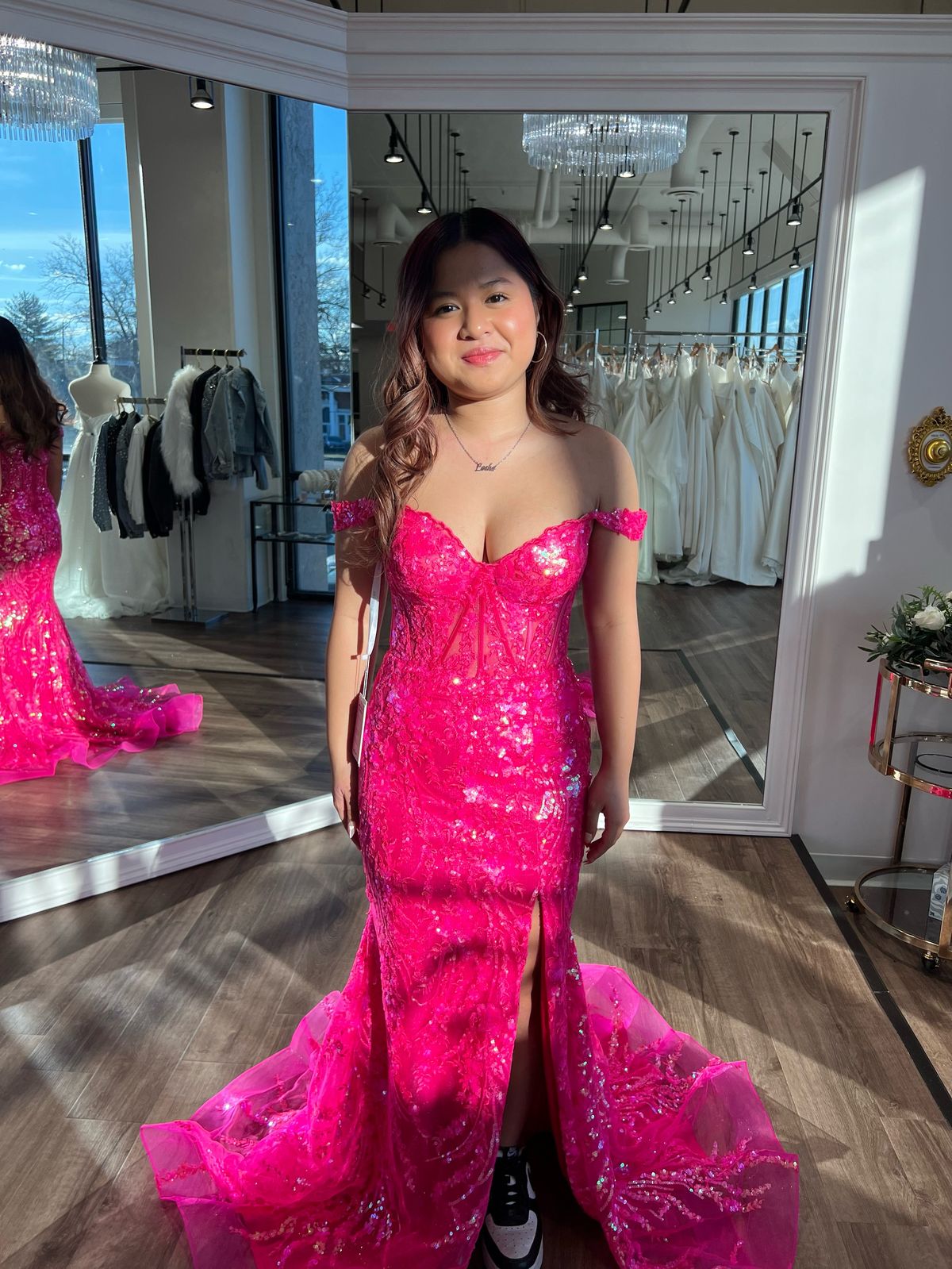 Sherri Hill Size 4 Prom Off The Shoulder Pink Side Slit Dress on Queenly