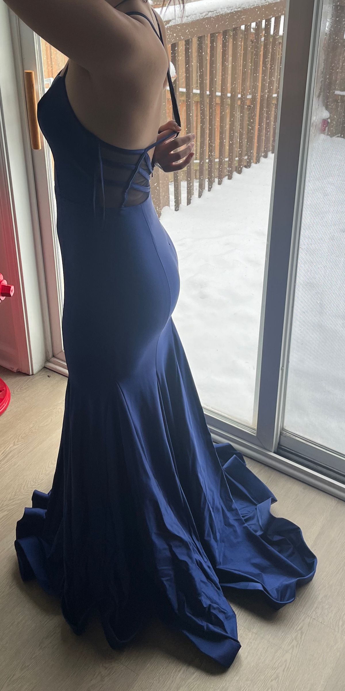 Blondie Nites Size 2 Prom Plunge Sheer Blue Mermaid Dress on Queenly