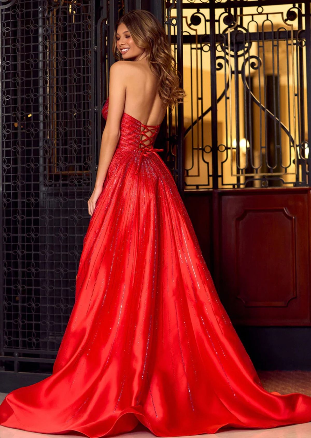 Style 55115 Sherri Hill Size 2 Prom Strapless Satin Red A-line Dress on Queenly