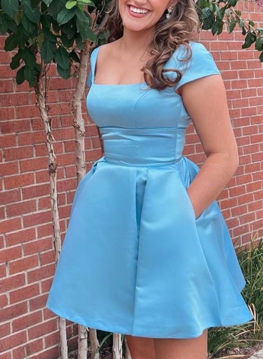 Style 53210 Sherri Hill Size 4 Homecoming Cap Sleeve Blue Cocktail Dress on Queenly