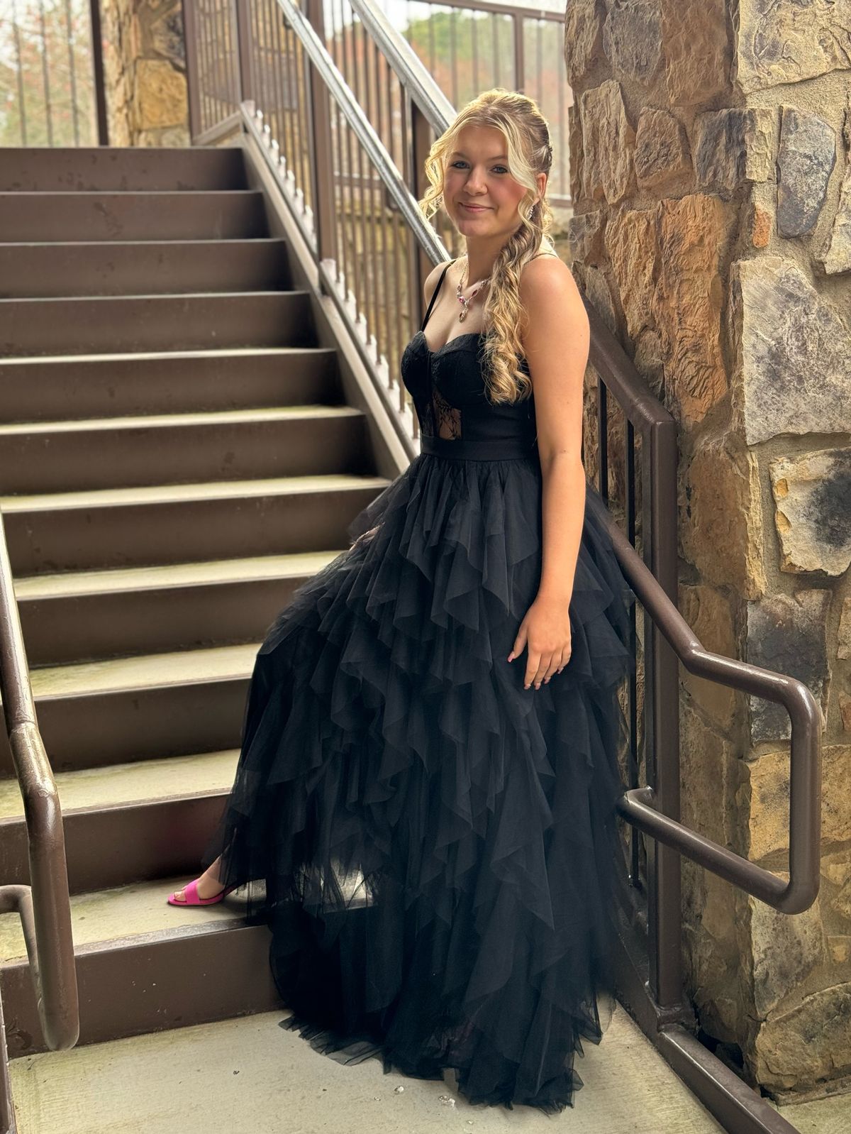 Size 4 Prom Plunge Black A-line Dress on Queenly