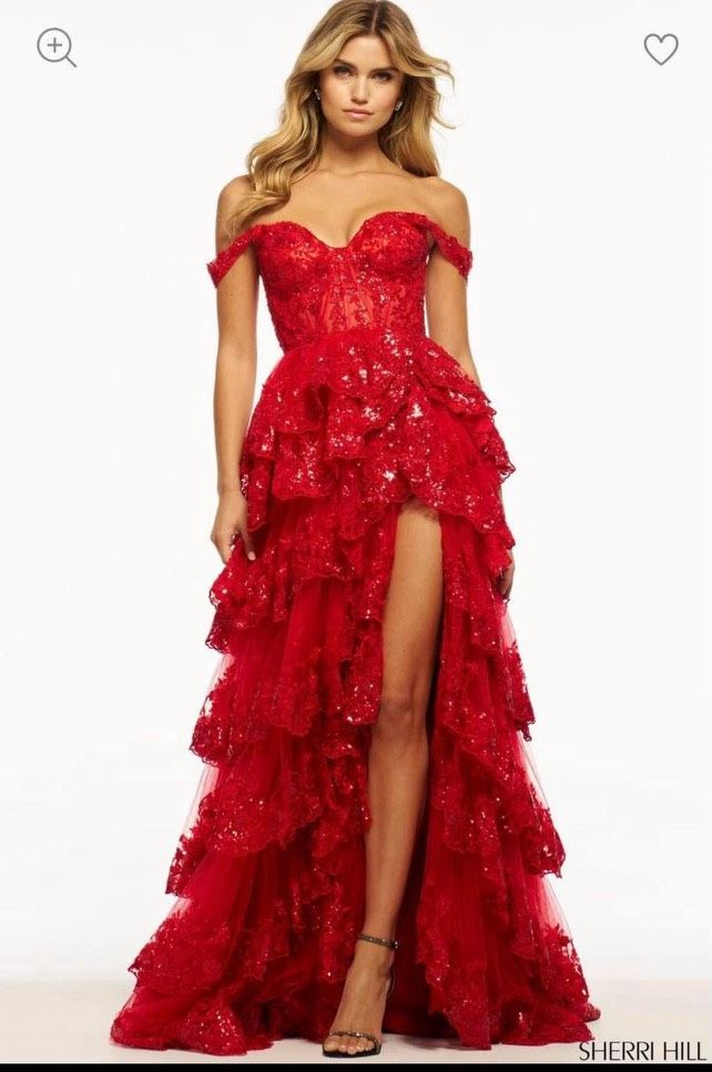 Style 55500 Sherri Hill Size 4 Prom Off The Shoulder Red Ball Gown on Queenly