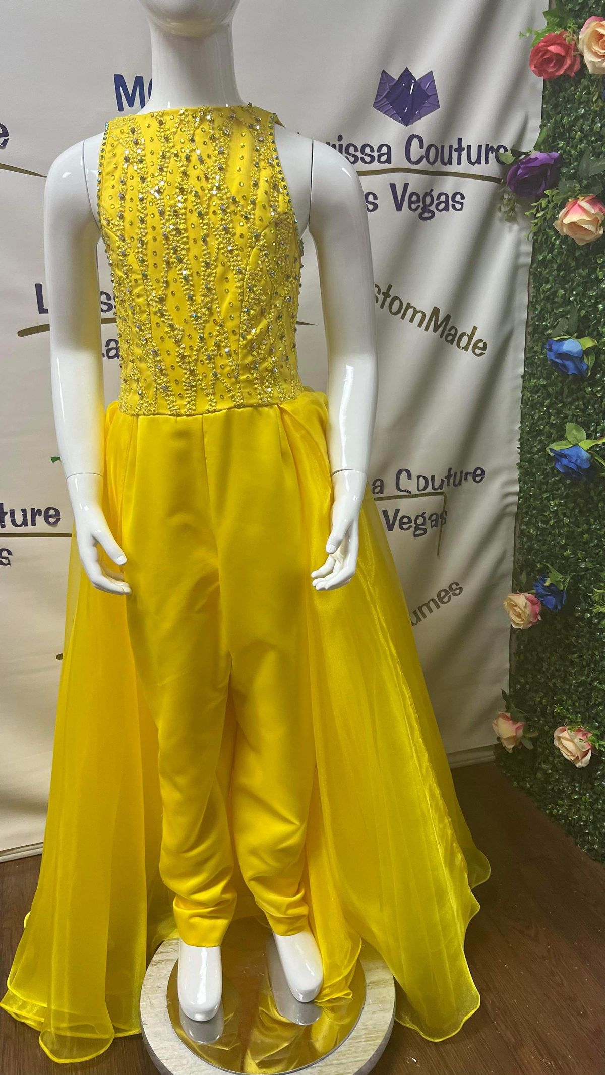 LarissaCoutureLV Girls Size 14 Pageant High Neck Yellow Formal Jumpsuit on Queenly