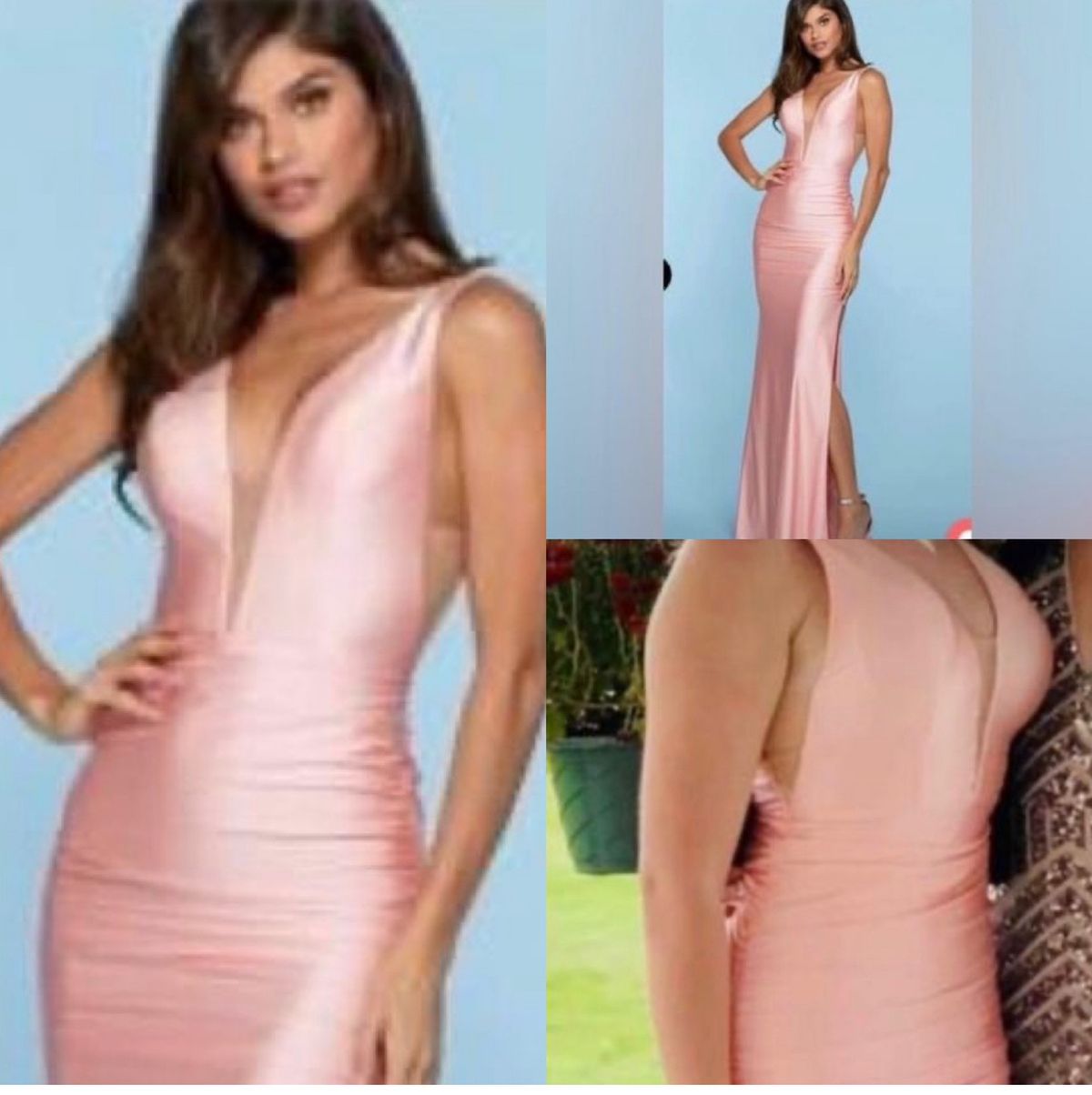 Style Blush Sherri Hill. Deep V-neck trumpet dress  Silky stretch jersey dress with illusion plunging neckline, ruched hips and back, and side skirt slit. The chic dress features a v neckline and is paired with an enticing open back with ruching detailing along the small of the back for accentuation. Having a fitted silhouette made in a material will hug your natural cures perfectly. A thigh high slit and train Sherri Hill Size 00 Prom Plunge Pink Mermaid Dress on Queenly