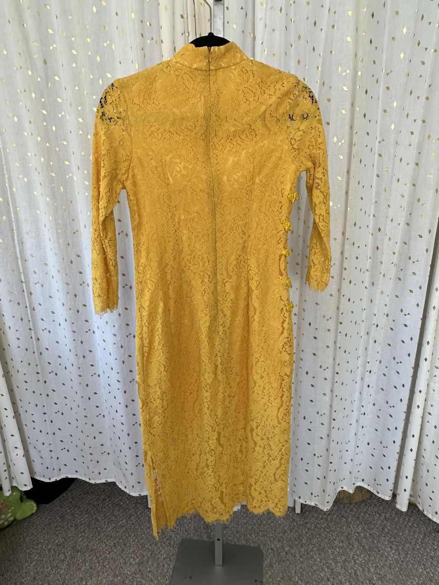 Queen Mulock Size S High Neck Lace Yellow Side Slit Dress on Queenly