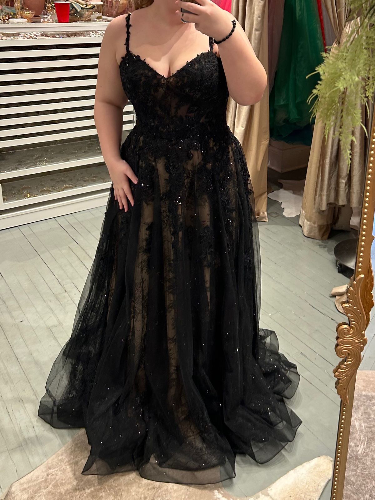 Ellie Wilde Size 14 Prom Plunge Lace Black Dress With Train on Queenly