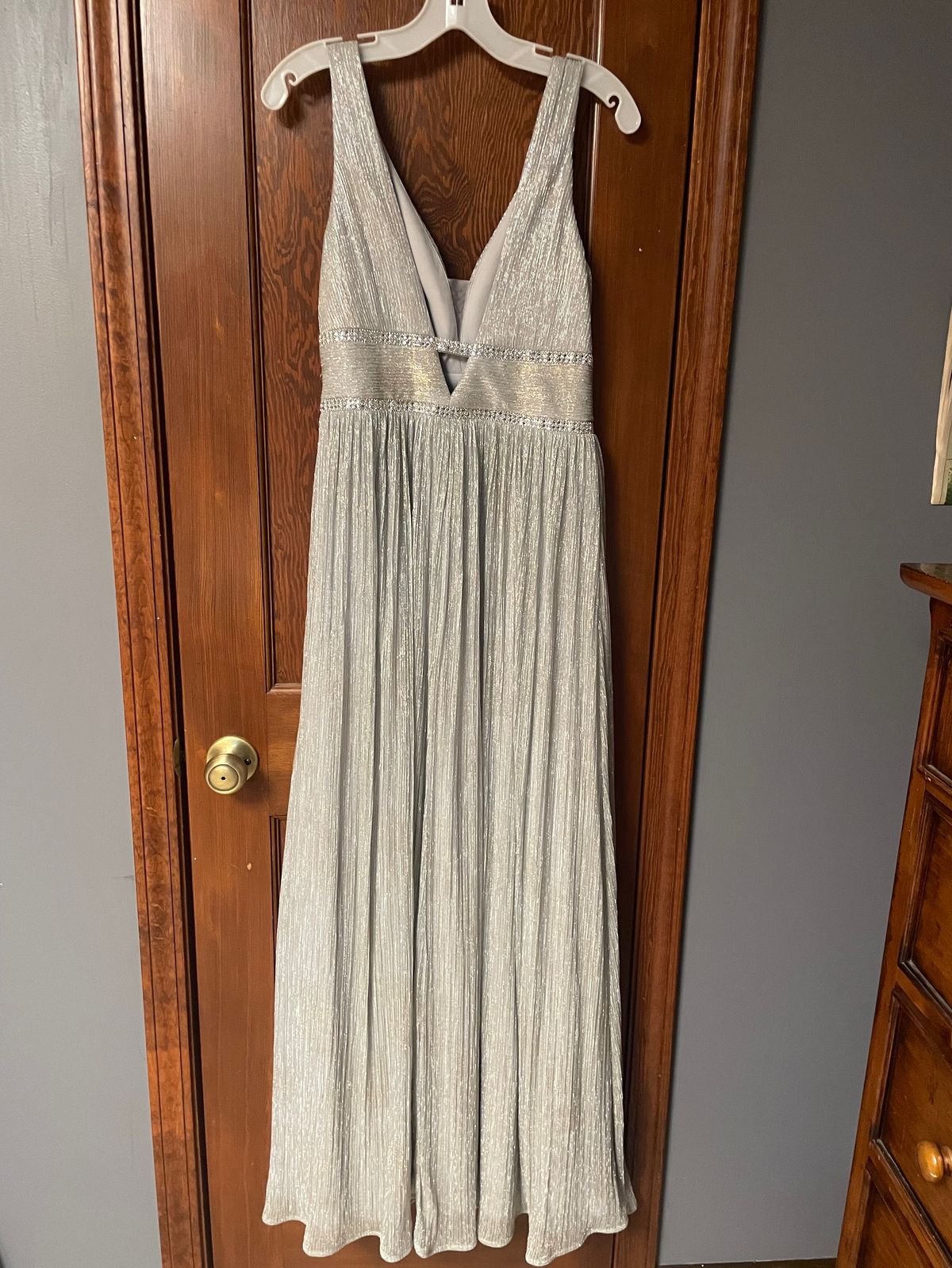 Morgan and Co Size 6 Bridesmaid Plunge Silver A-line Dress on Queenly