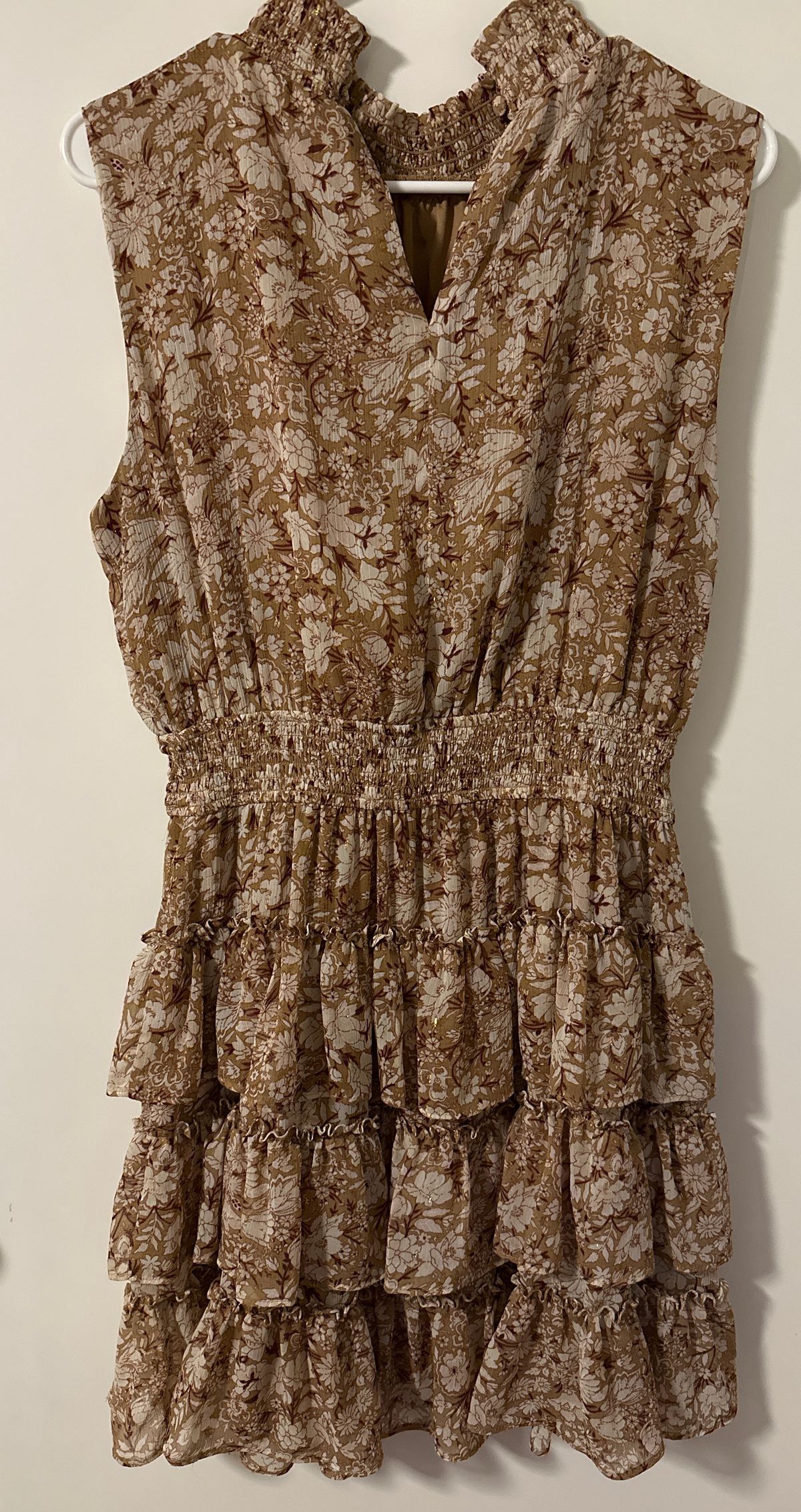 Express Size M Wedding Guest High Neck Floral Brown Cocktail Dress on Queenly