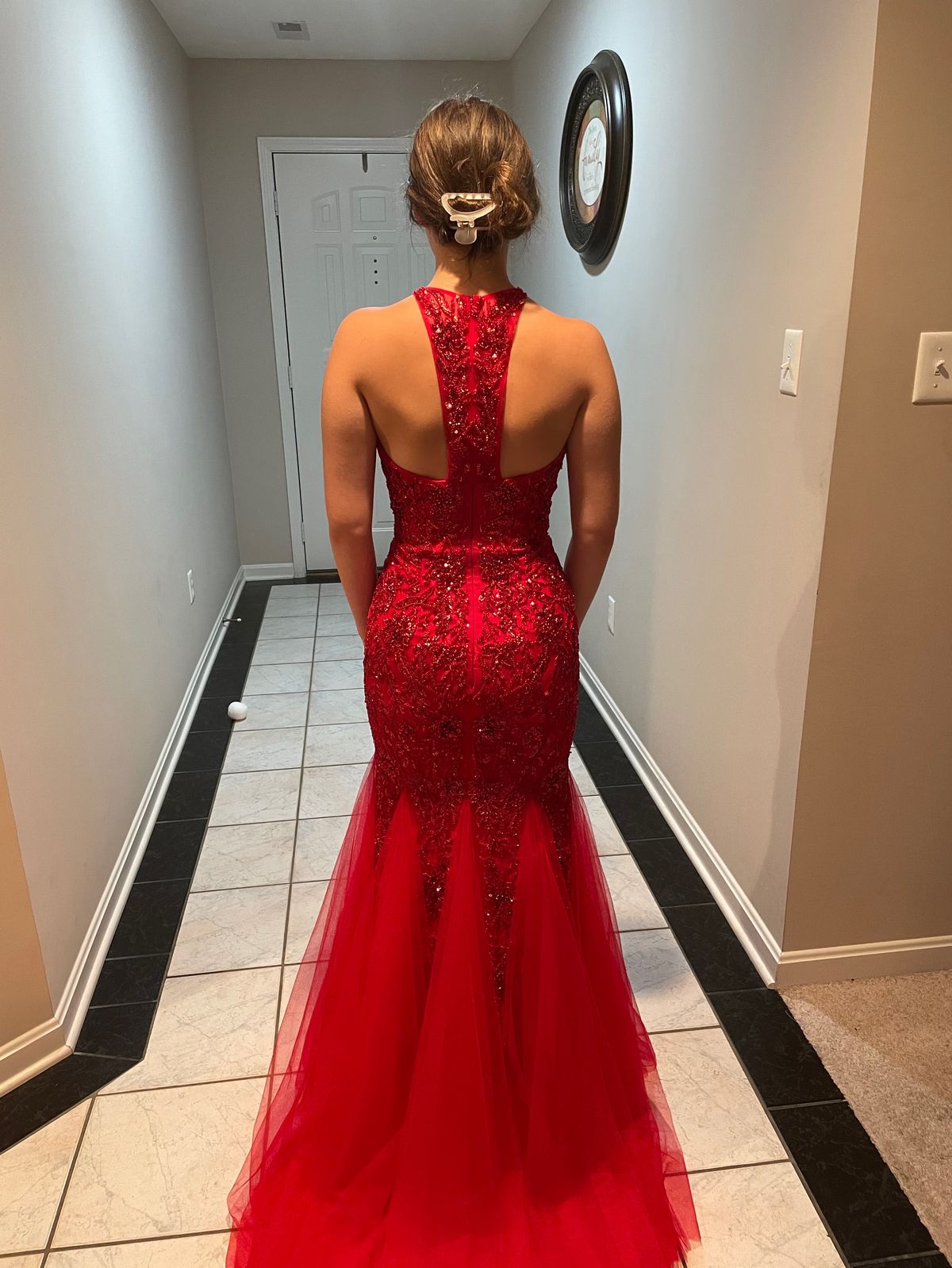 Sherri Hill Size 0 Prom High Neck Sequined Red Mermaid Dress on Queenly