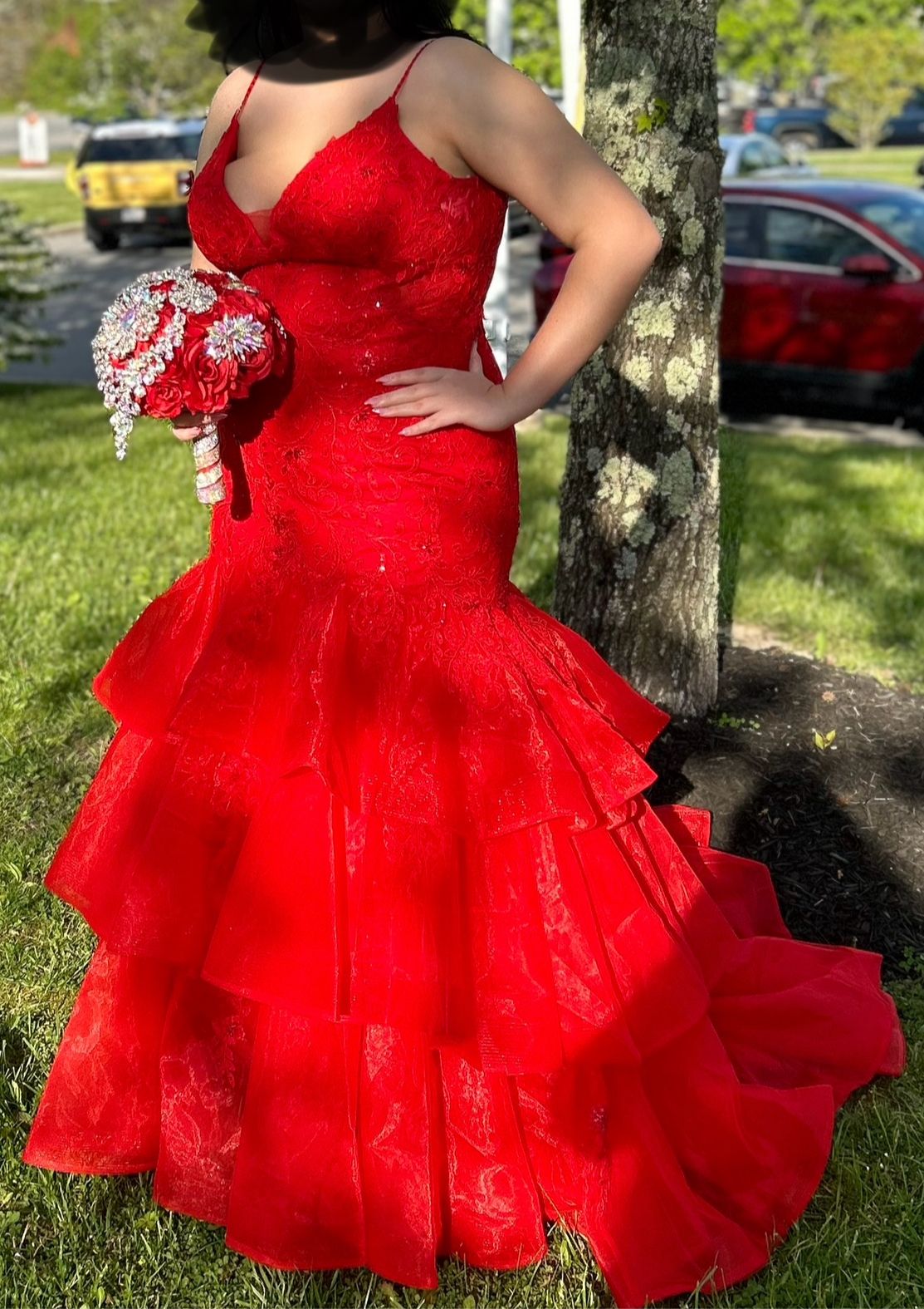 Ellie Wilde Plus Size 16 Prom Lace Red Mermaid Dress on Queenly