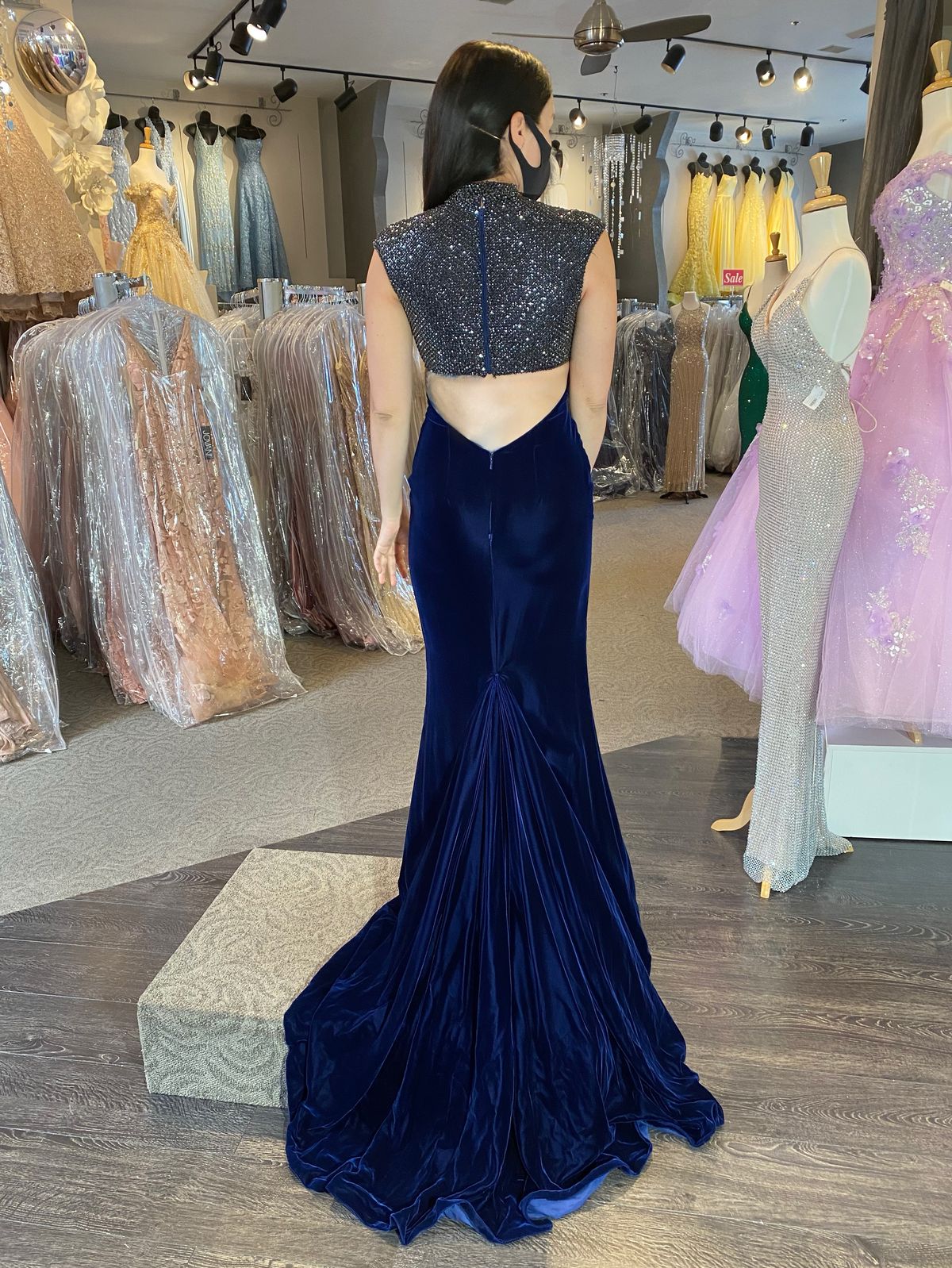 Sherri Hill Size S Prom High Neck Velvet Navy Blue Mermaid Dress on Queenly