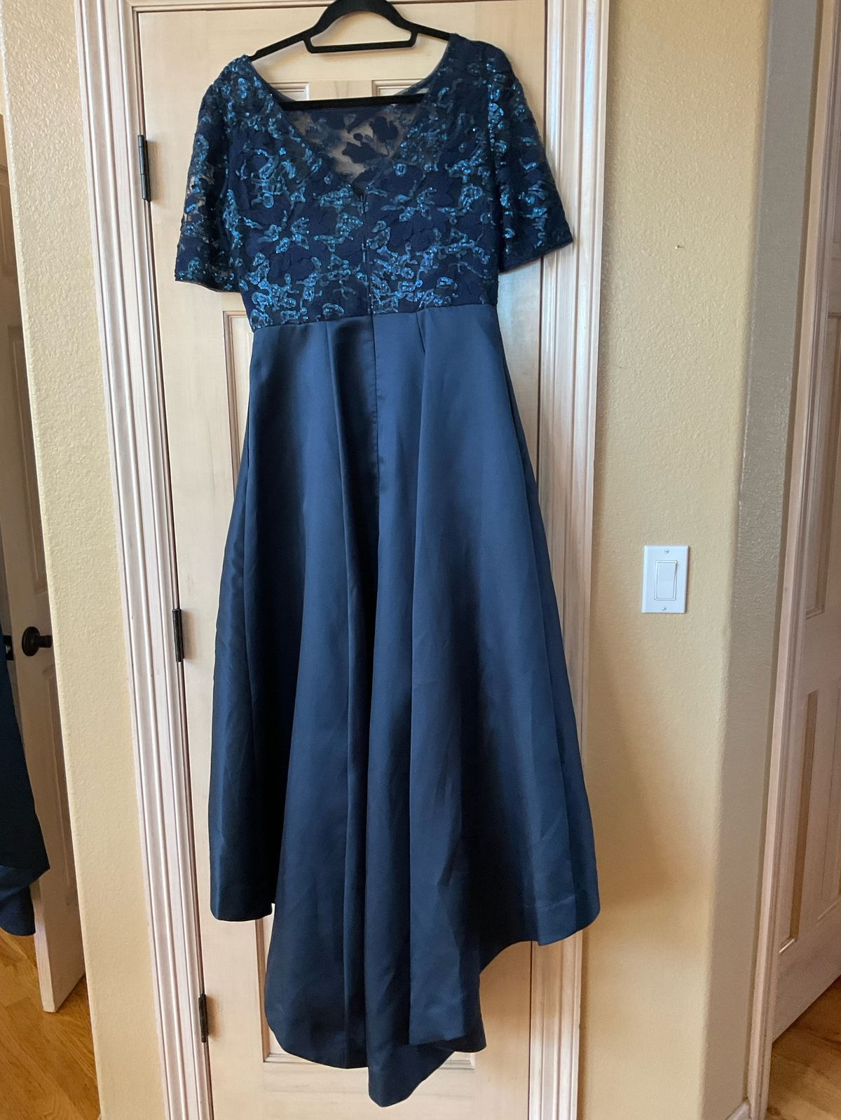 Style AP1E205139 Adrianna Papell Size 8 Wedding Guest Cap Sleeve Lace Blue Dress With Train on Queenly