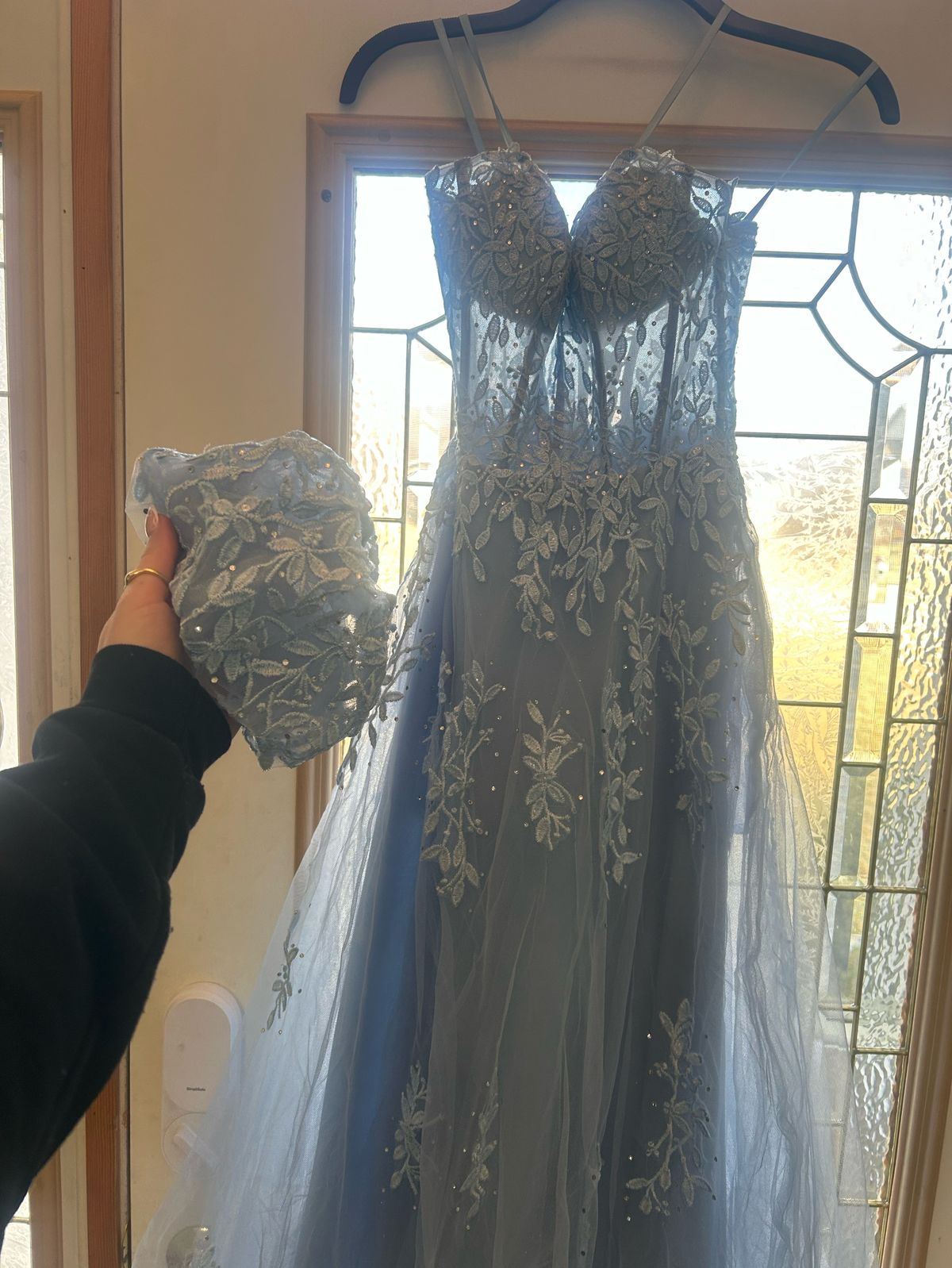 Size 0 Prom Strapless Lace Light Blue Dress With Train on Queenly