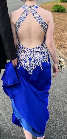 Size 0 Prom Halter Lace Royal Blue Floor Length Maxi on Queenly