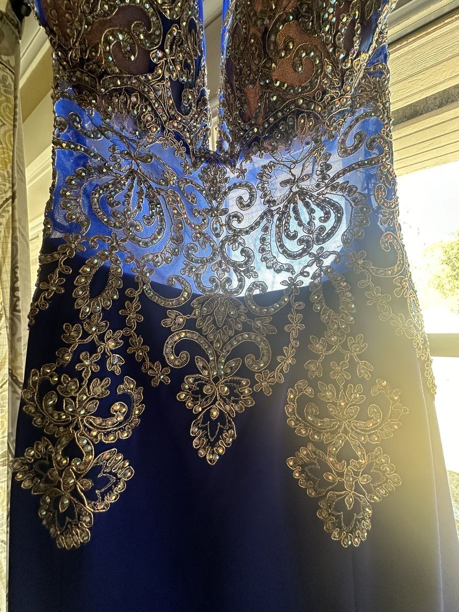 Size 0 Prom Halter Lace Royal Blue Floor Length Maxi on Queenly