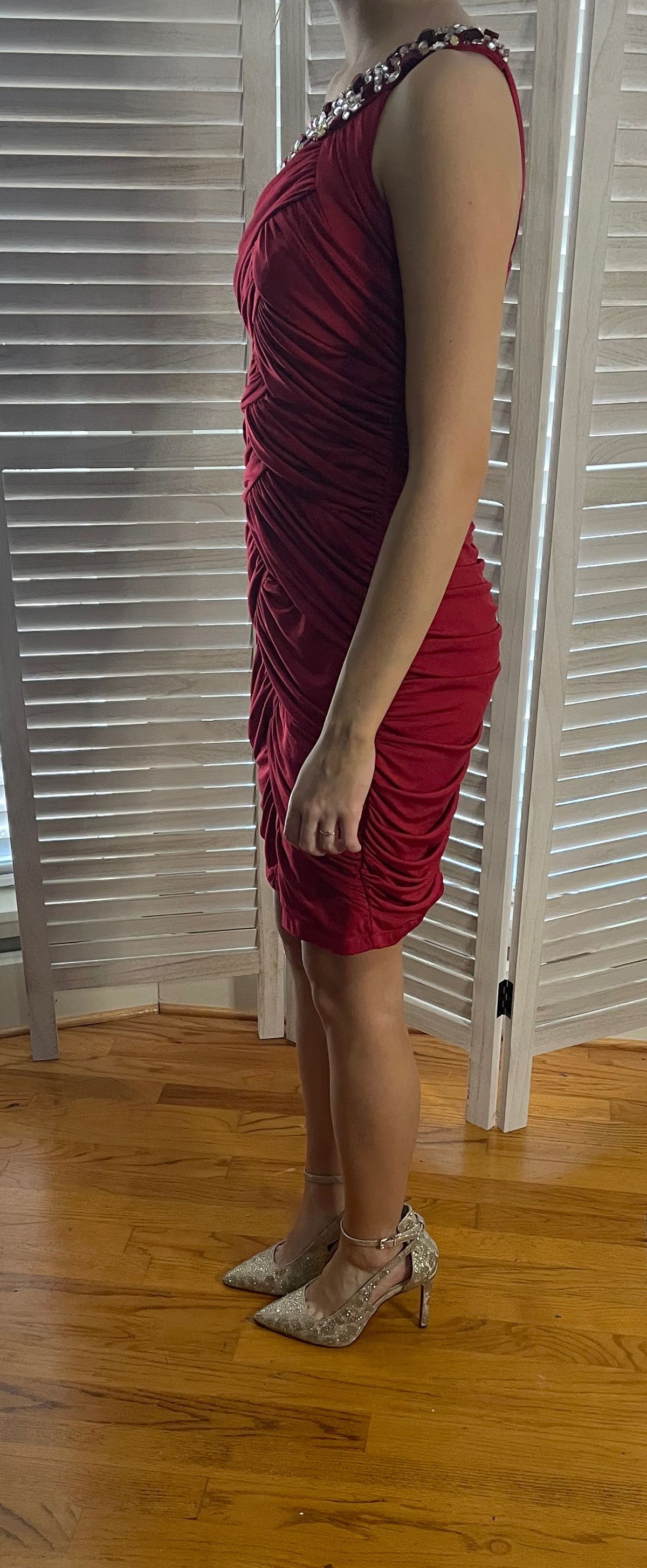 Size 00 Prom One Shoulder Sequined Burgundy Red Cocktail Dress on Queenly
