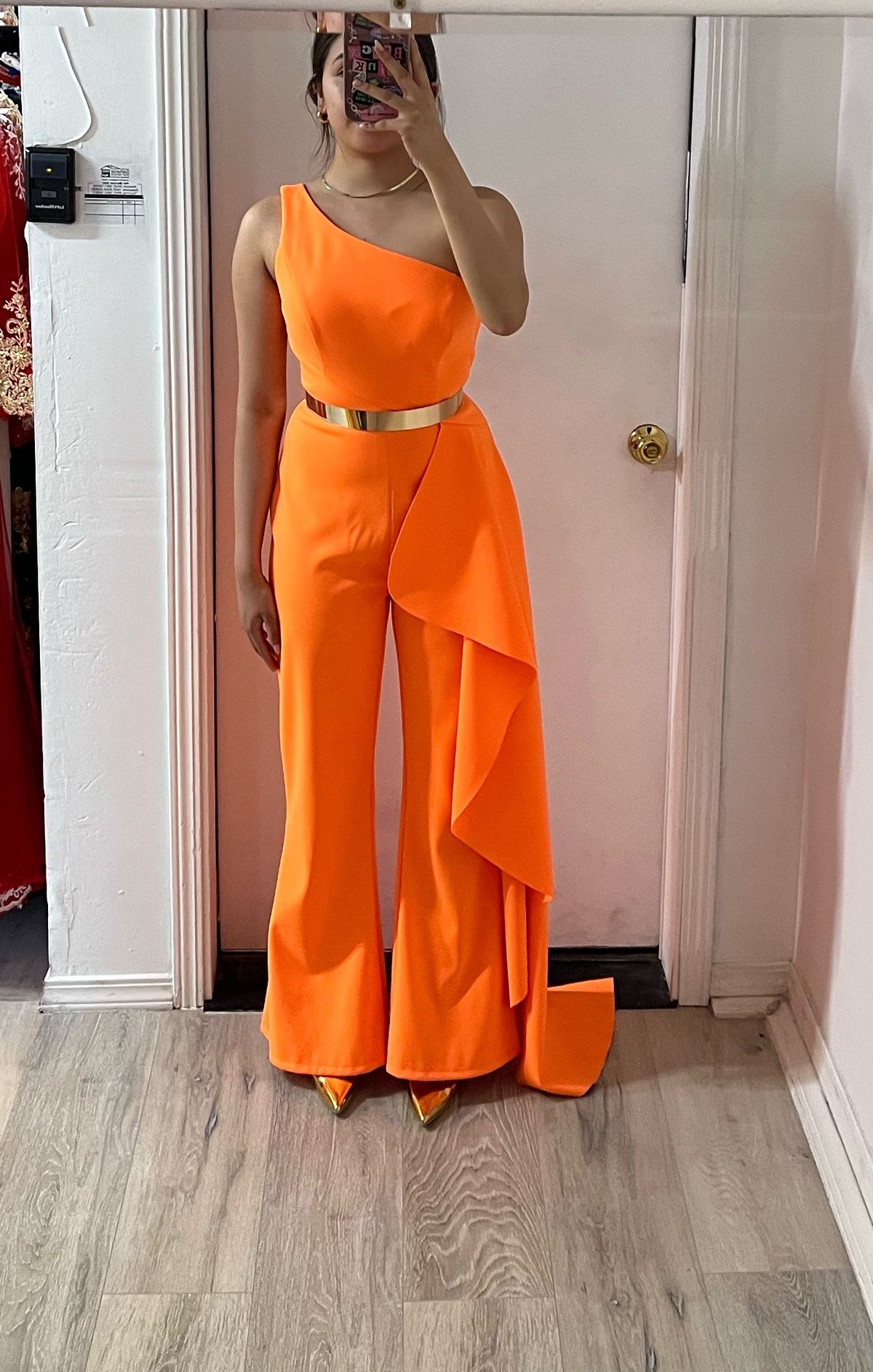 Style 11152 Ashley Lauren Size 4 Homecoming One Shoulder Orange Formal Jumpsuit on Queenly