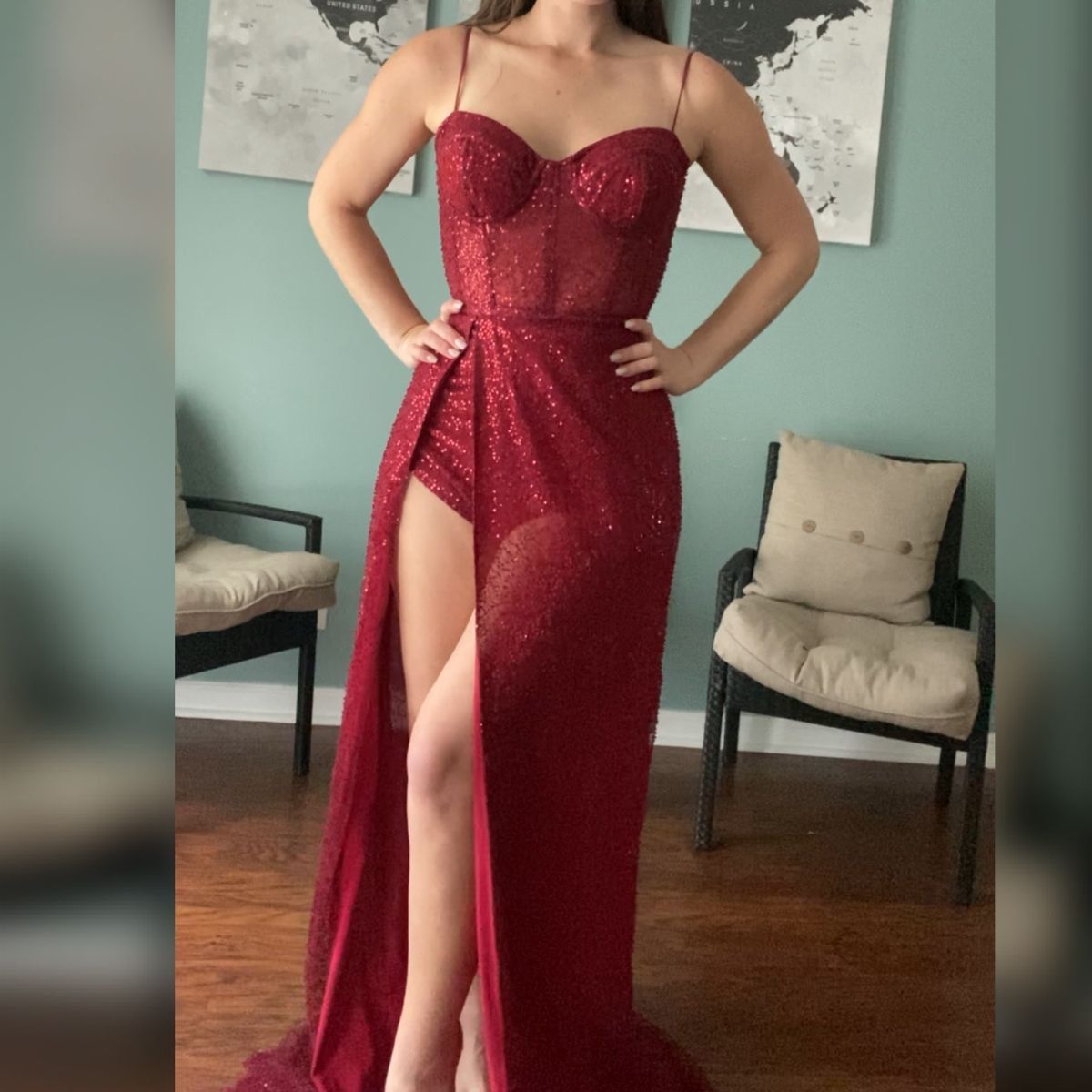 Size M Prom Plunge Burgundy Red Cocktail Dress on Queenly
