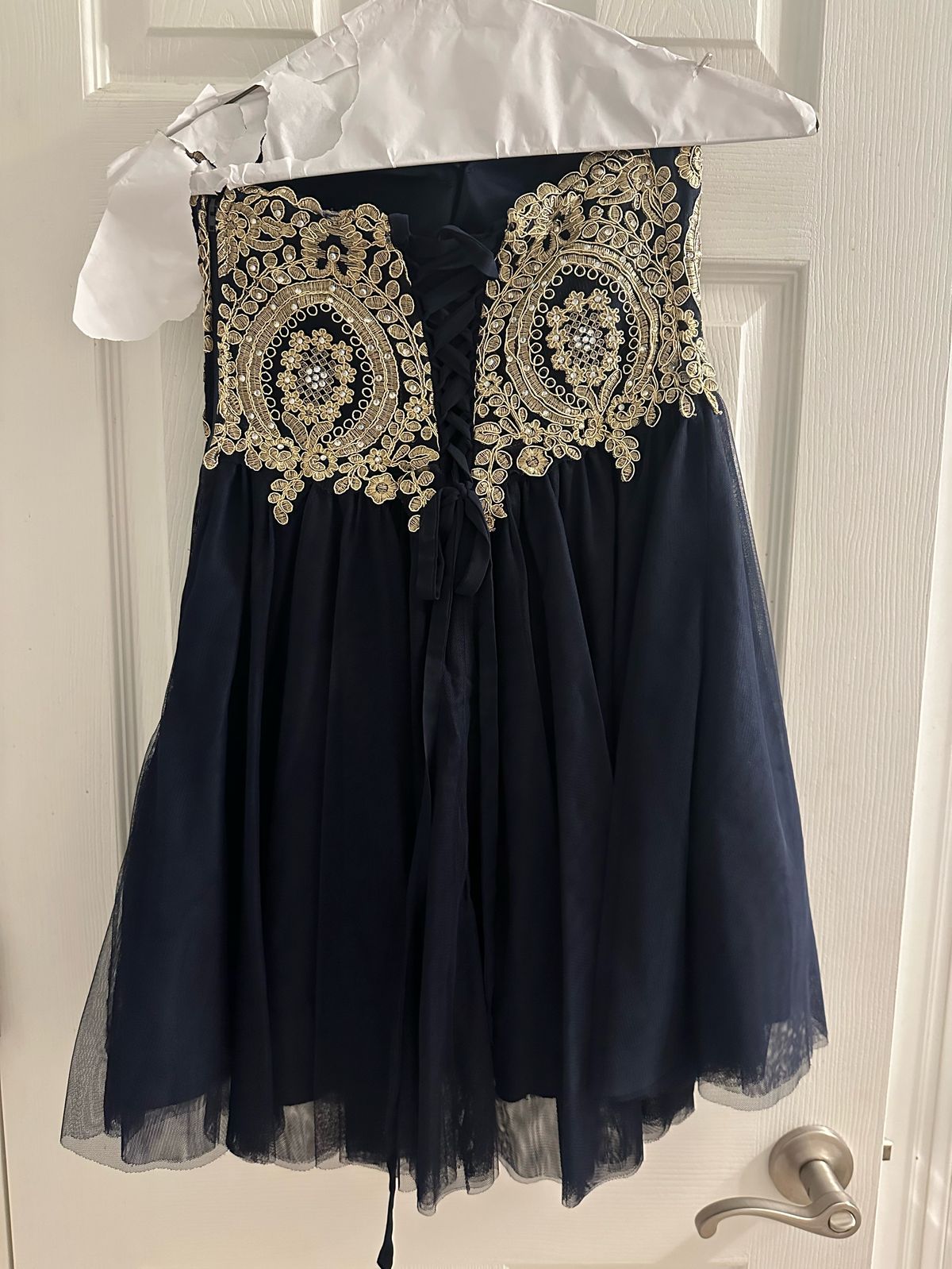 Girls Size 7 Prom Strapless Lace Navy Multicolor Cocktail Dress on Queenly