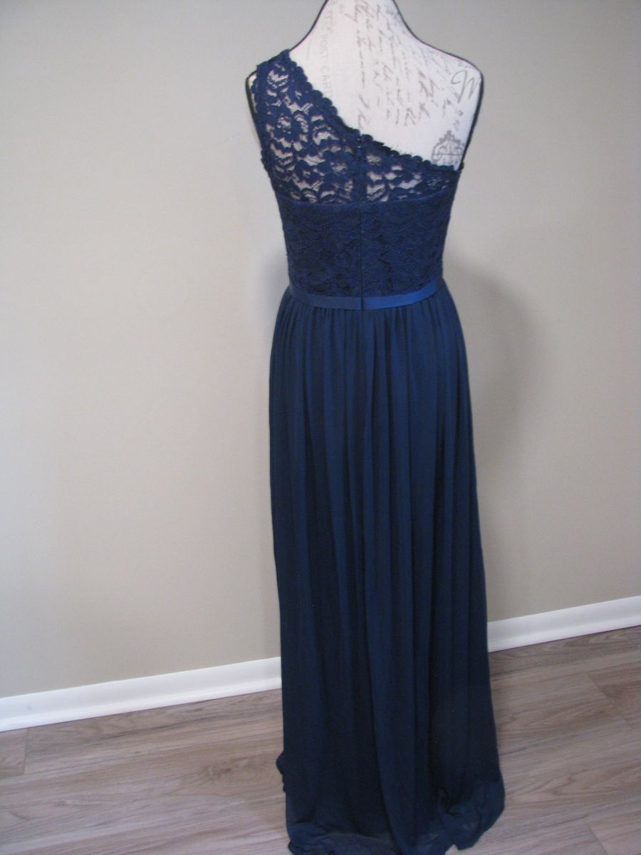 Style F-17063Marine David's Bridal Size 10 Bridesmaid One Shoulder Lace Blue Ball Gown on Queenly