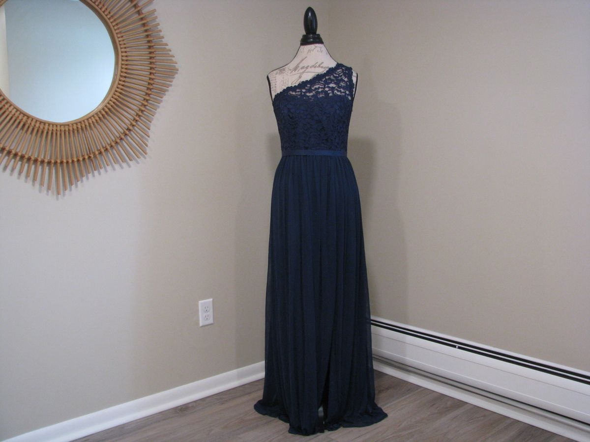 Style F-17063Marine David's Bridal Size 10 Bridesmaid One Shoulder Lace Blue Ball Gown on Queenly