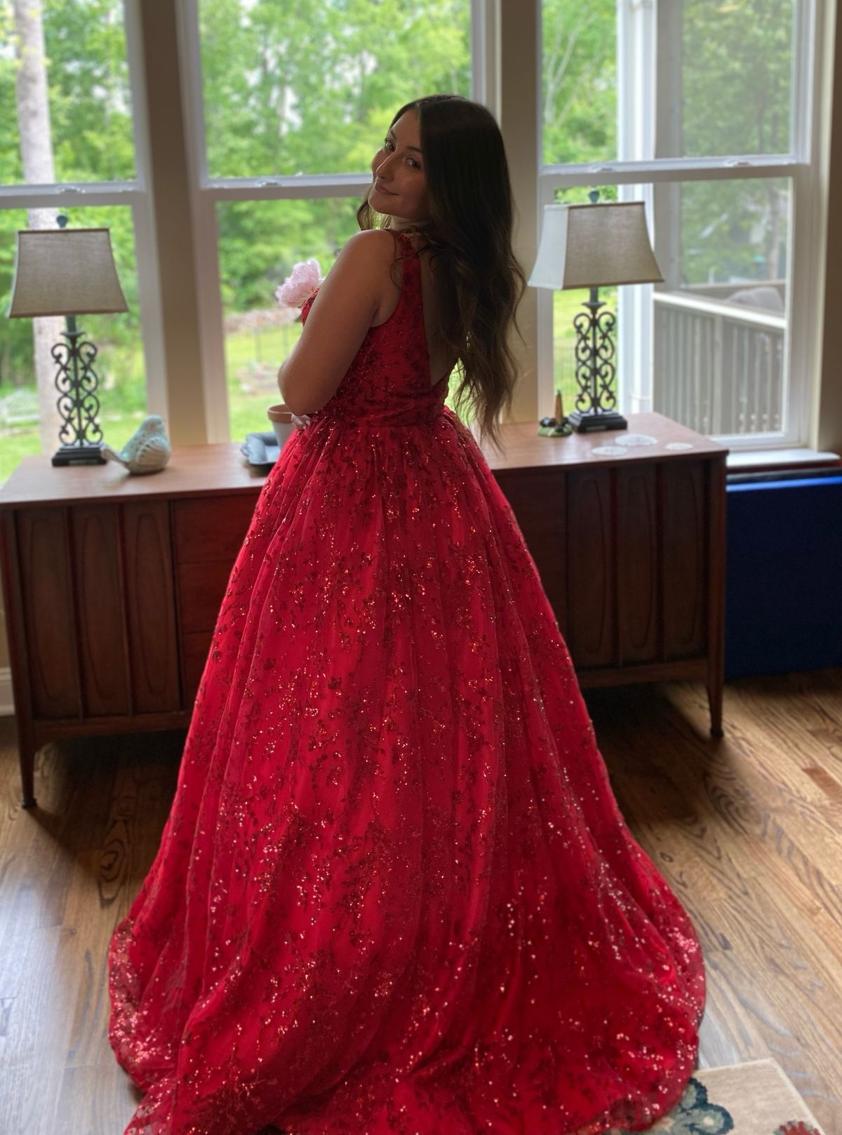 Style 54177 Sherri Hill Size 6 Prom Plunge Red Ball Gown on Queenly