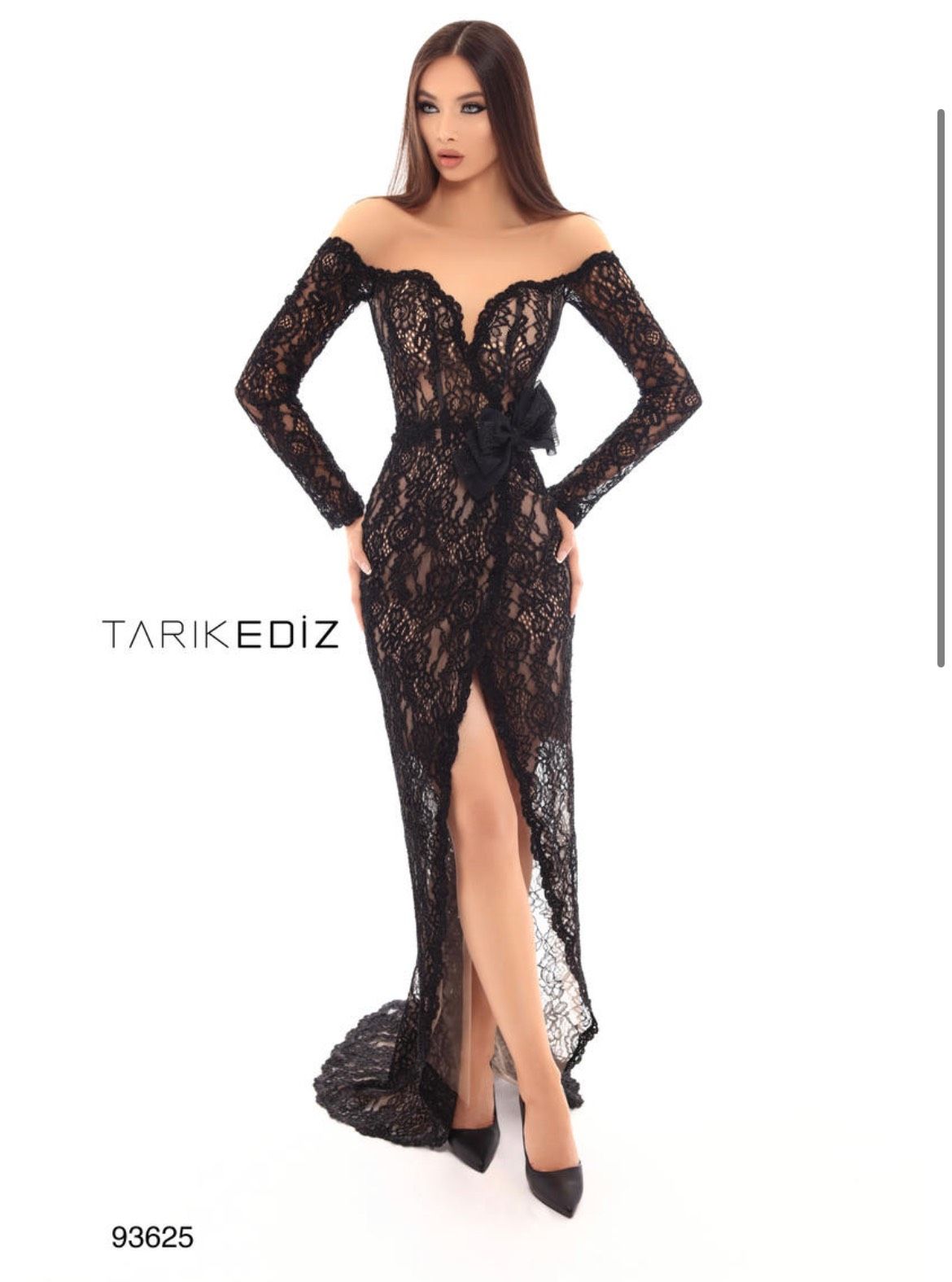 Style 93625 Tarik Ediz Size 8 Long Sleeve Black Side Slit Dress on Queenly