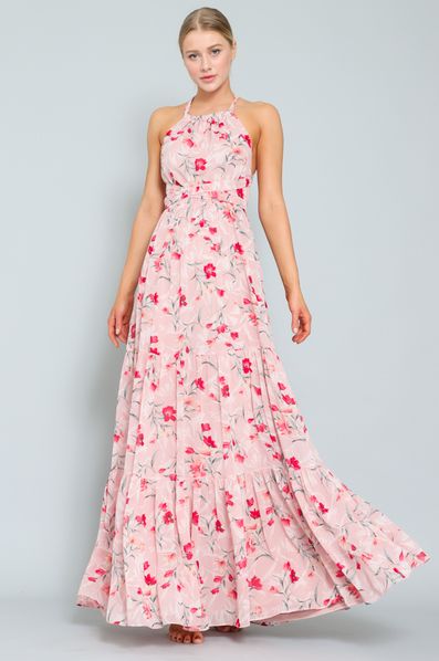 Style DA25443Y-3 Aakaa Size S Halter Floral Pink Floor Length Maxi on Queenly