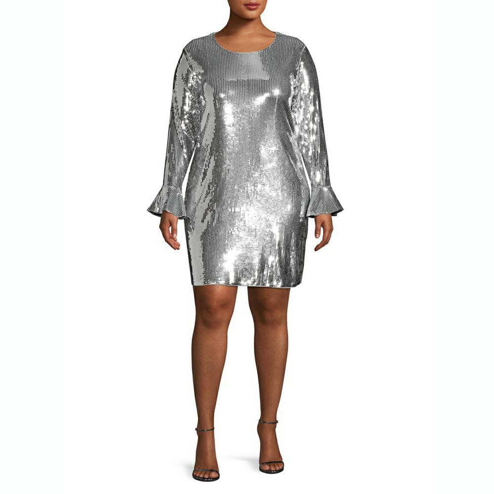 Michael Kors Plus Size 20 Long Sleeve Silver Cocktail Dress on Queenly