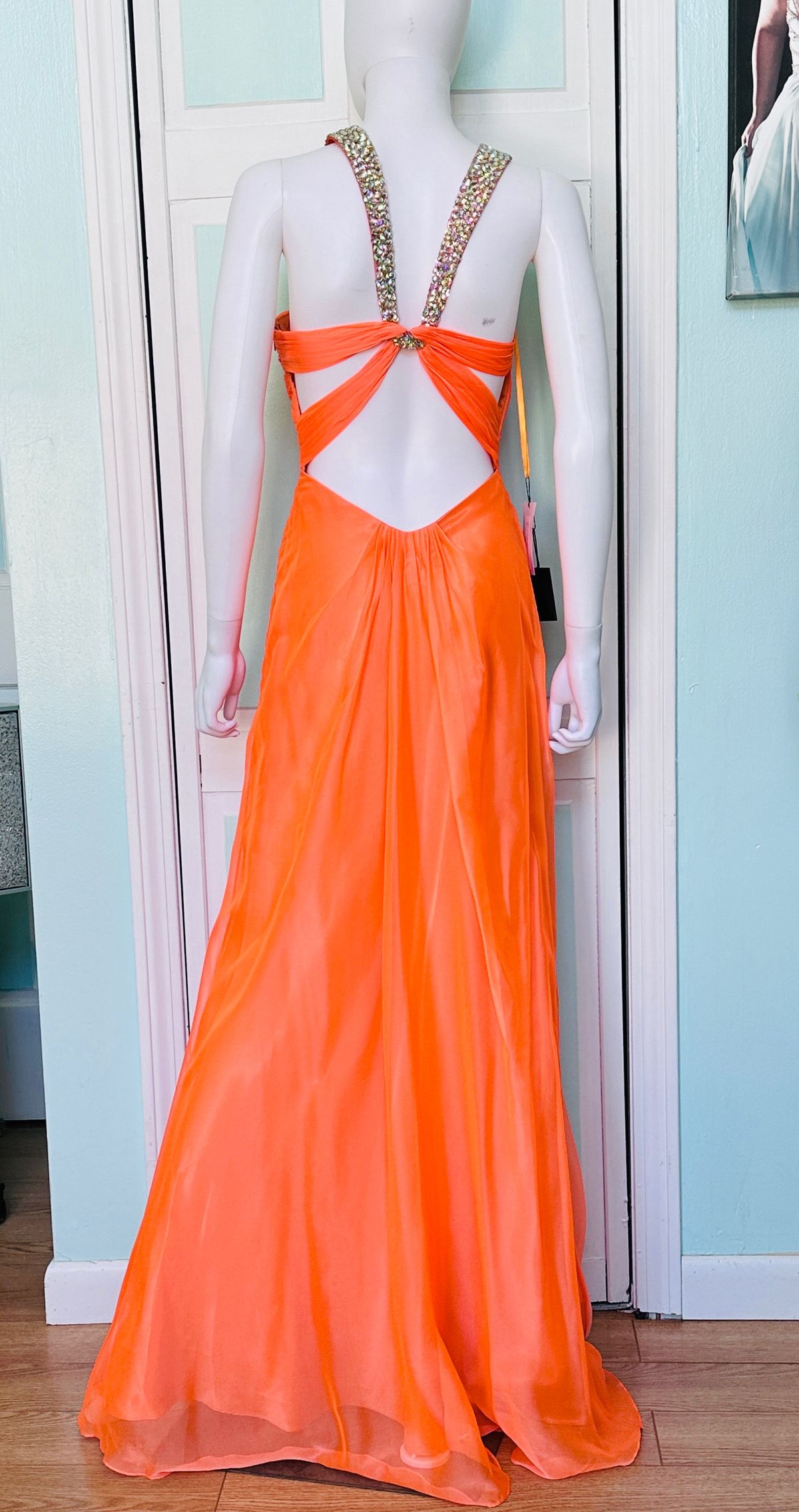 Style 17441 La Femme Size 2 Prom High Neck Orange A-line Dress on Queenly