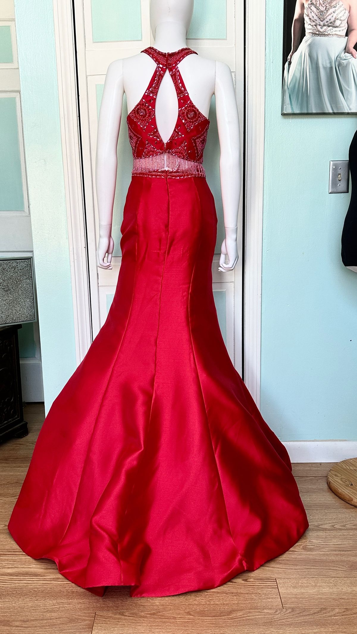 Style 7557 Rachel Allan Size 4 Prom High Neck Satin Red Mermaid Dress on Queenly