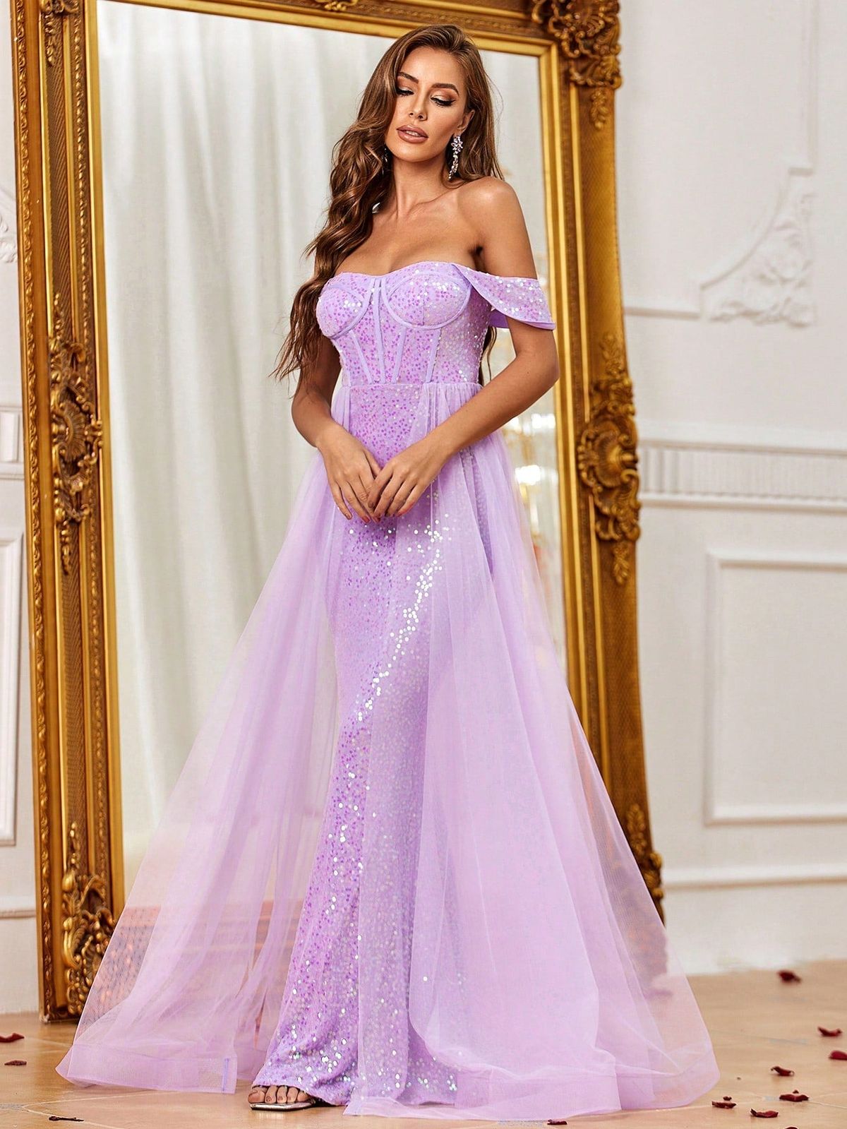 Style FSWD1293 Faeriesty Size XS Off The Shoulder Sheer Purple Mermaid Dress on Queenly