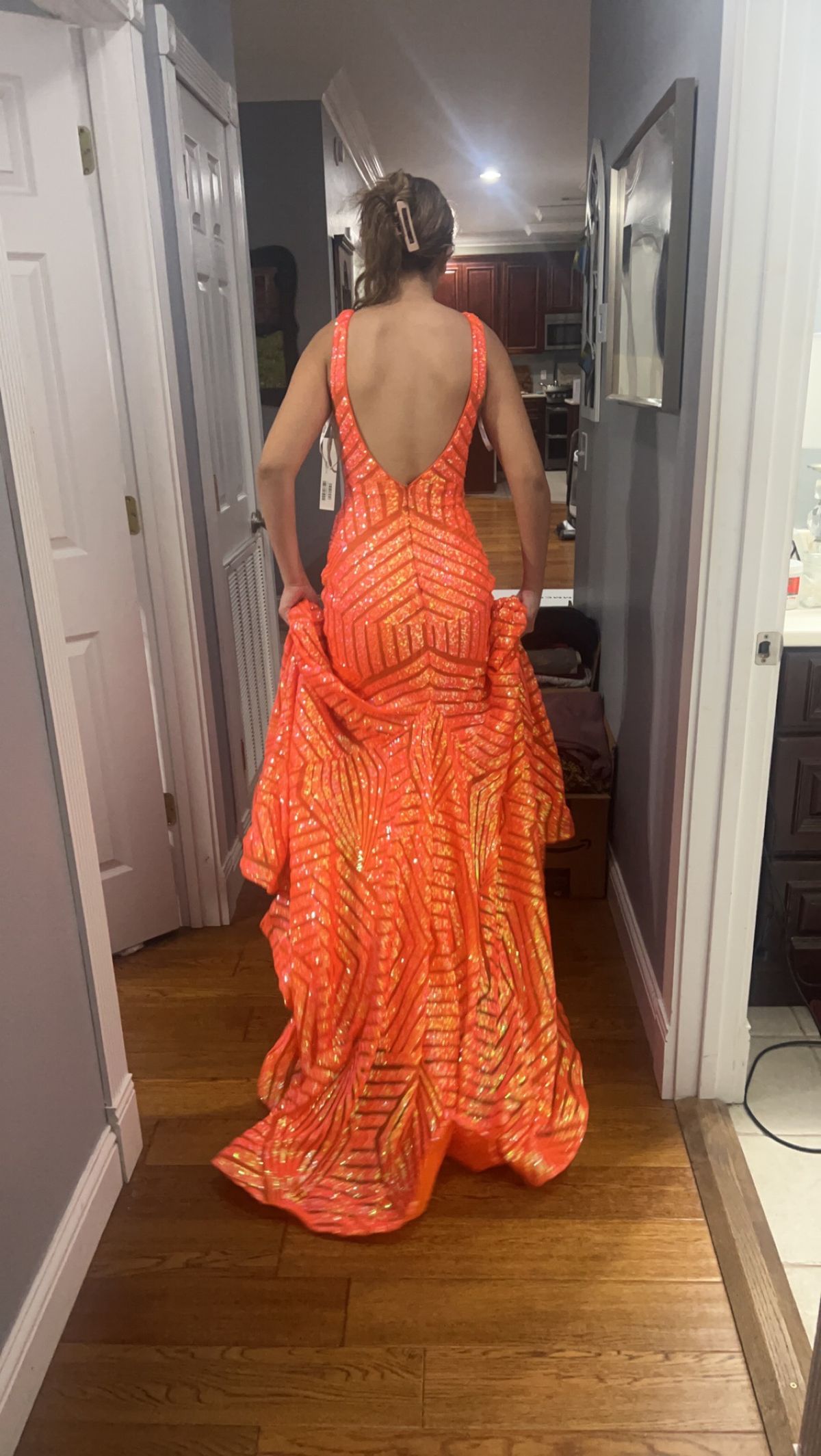 Jovani Size 2 Prom Plunge Orange Mermaid Dress on Queenly