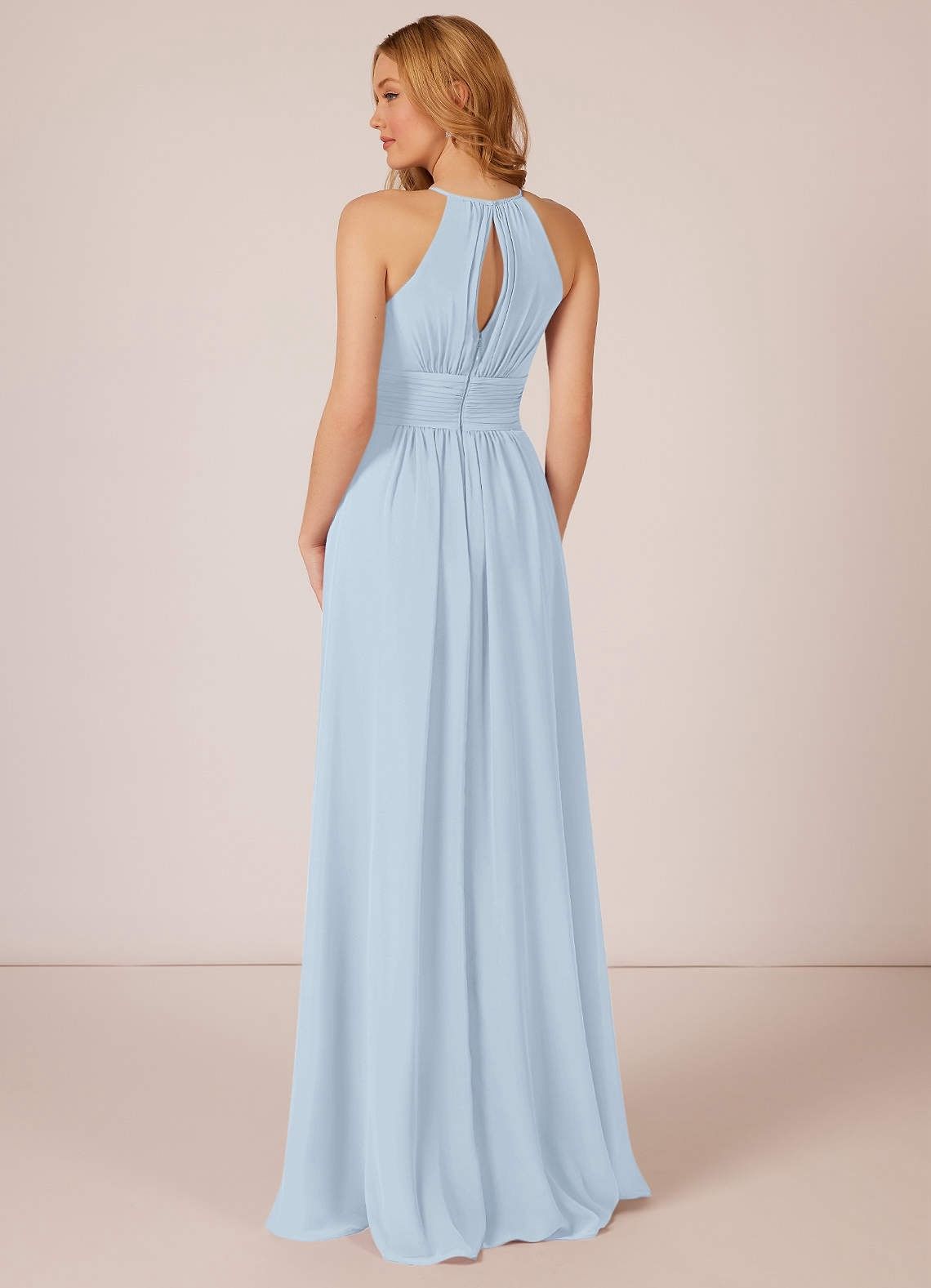 Style Bonnie A-Line Runched Chiffon Formal Azazie Size S Bridesmaid Halter Blue A-line Dress on Queenly