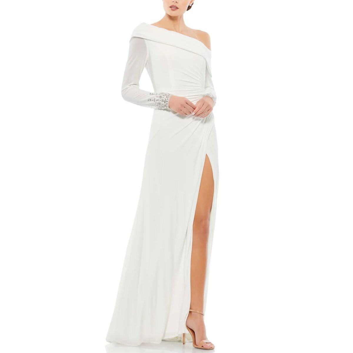 Style 12231 Mac Duggal Size 6 Long Sleeve Sequined White Side Slit Dress on Queenly