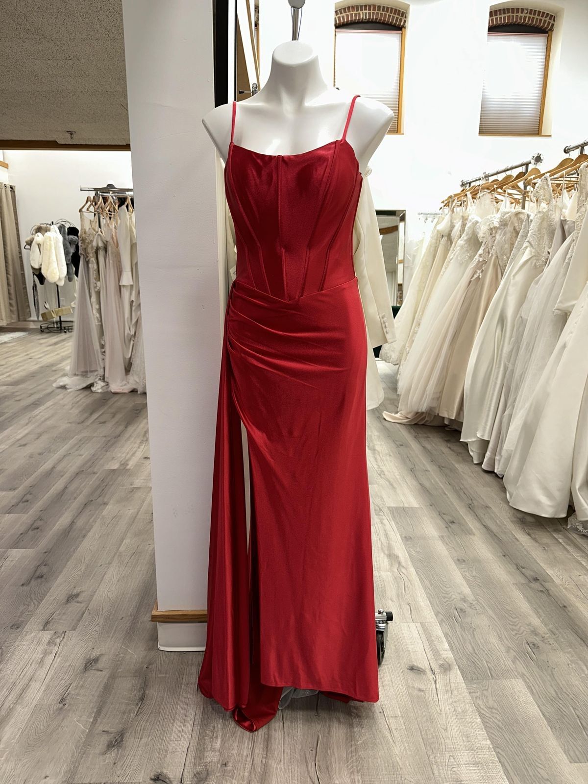 Style DM 11044 Dave and Johnny Size 8 Emerald Red Side Slit Dress on Queenly