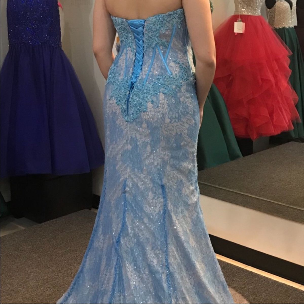 MoriLee Size 6 Prom Strapless Lace Blue Side Slit Dress on Queenly