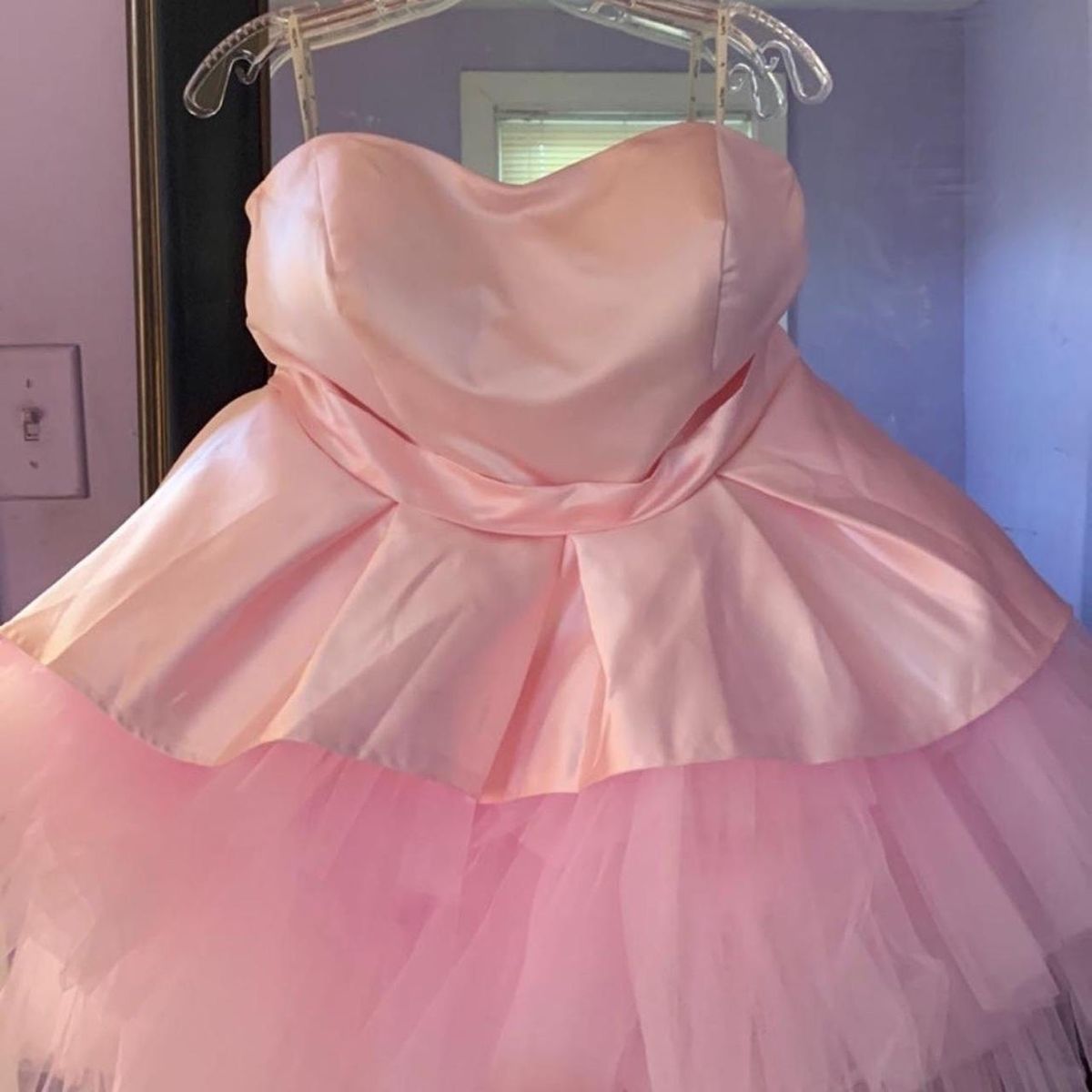 Size M Prom Strapless Pink Ball Gown on Queenly
