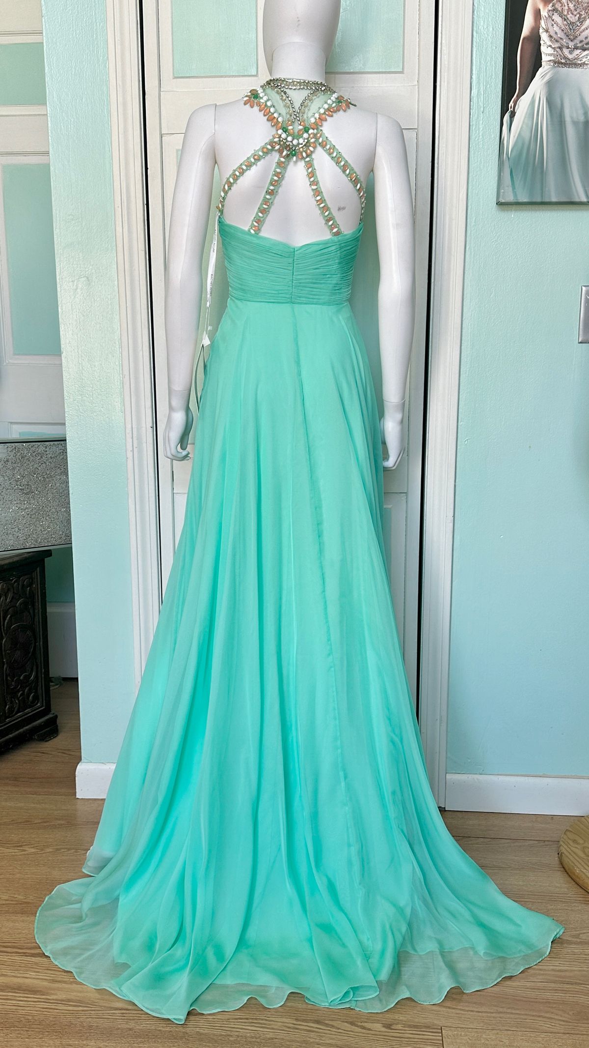 Style 7196 Rachel Allan Size 4 Prom High Neck Light Green A-line Dress on Queenly