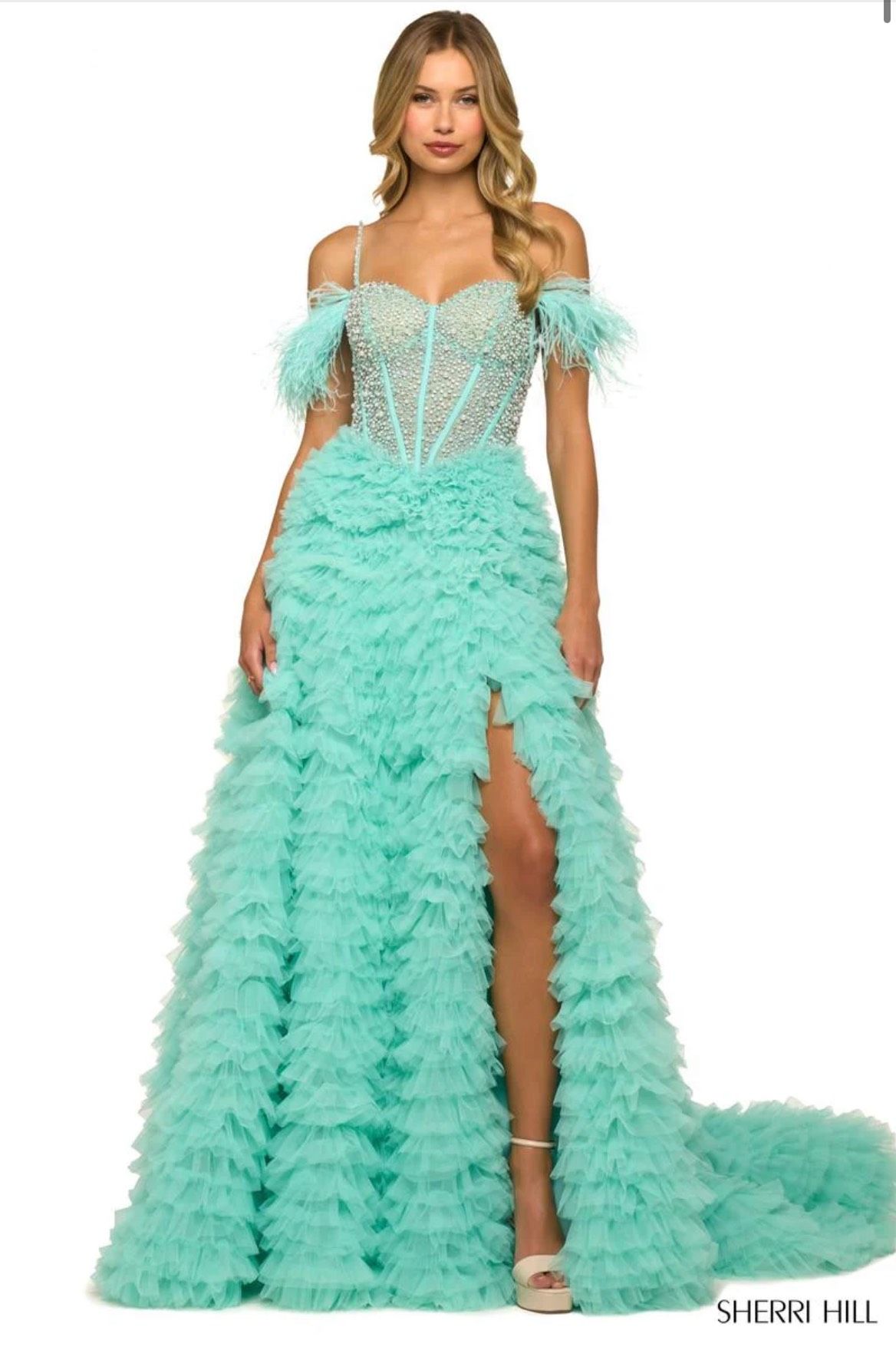 Style 55387 Sherri Hill Size 2 Pageant Off The Shoulder Blue A-line Dress on Queenly
