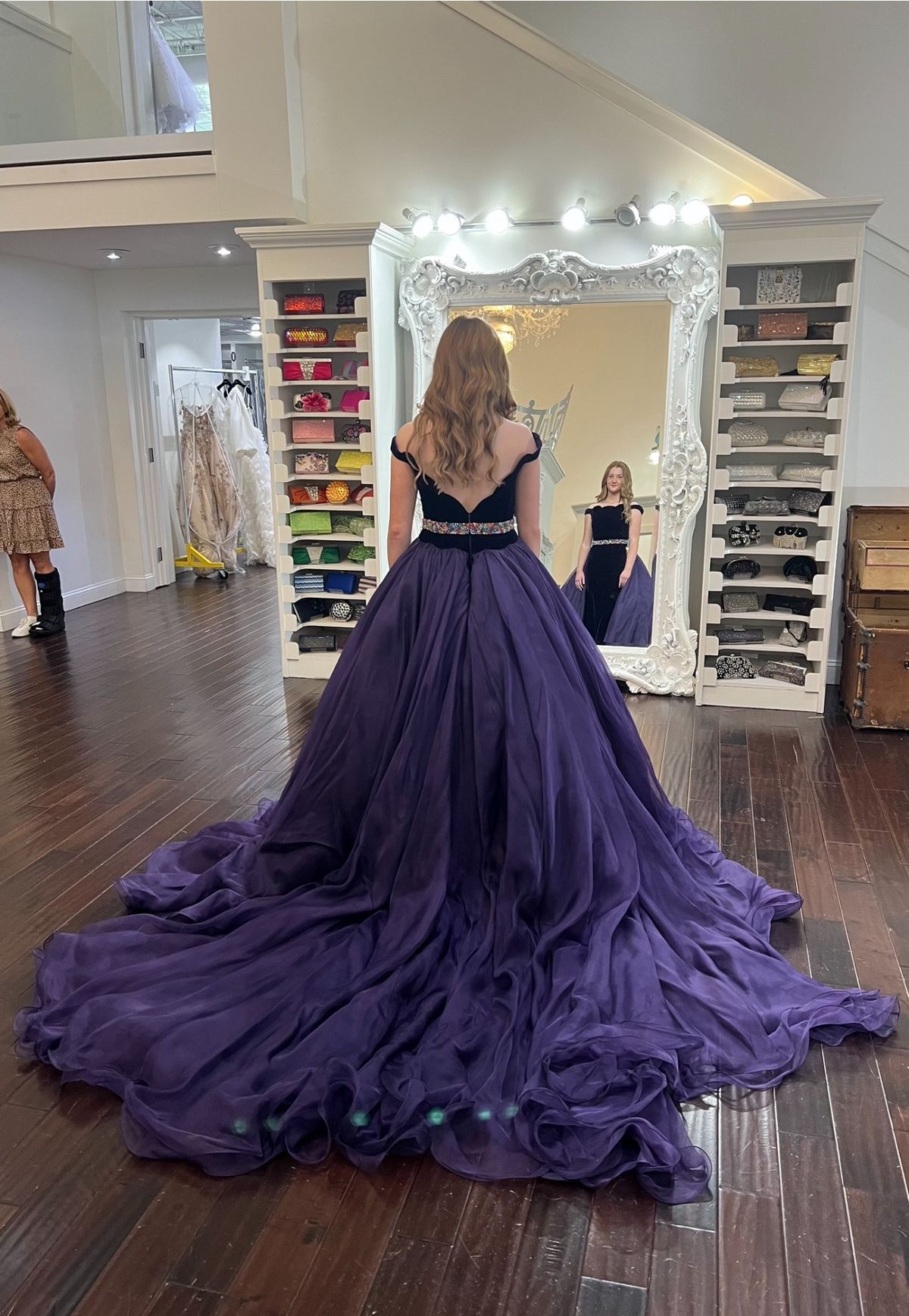 Style 45606 Sherri Hill Size M Pageant Off The Shoulder Velvet Purple A-line Dress on Queenly