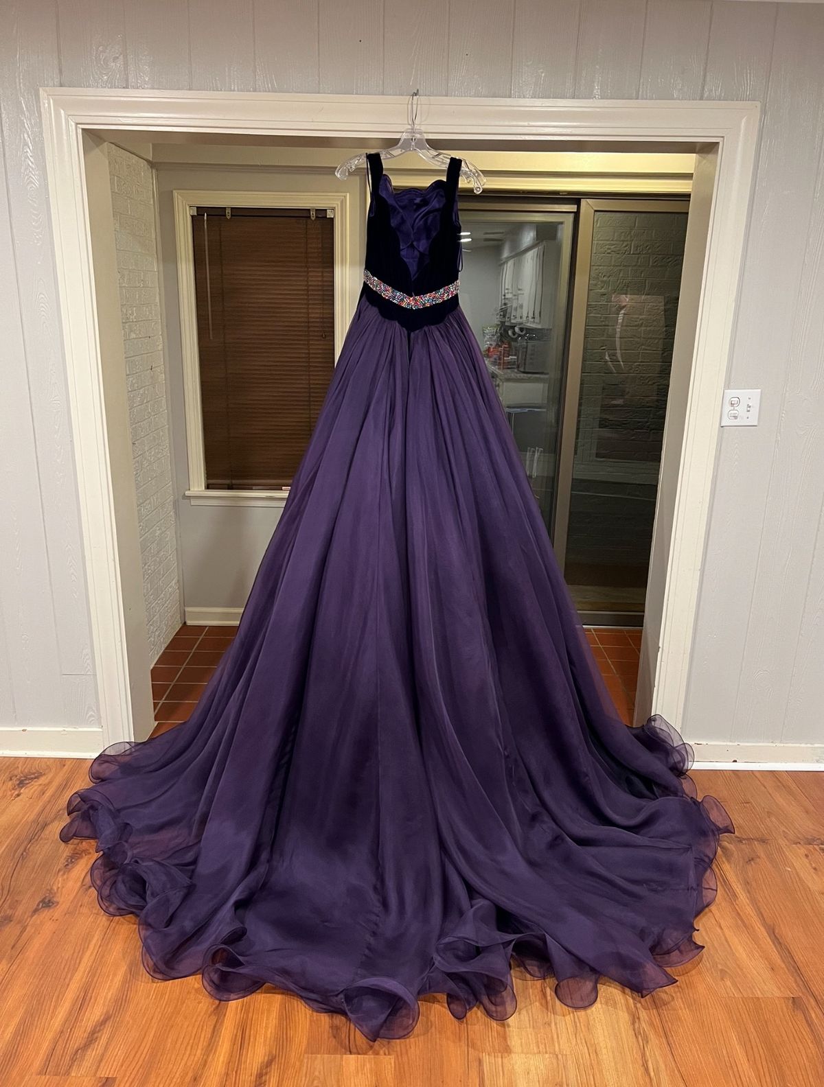 Style 45606 Sherri Hill Size M Pageant Off The Shoulder Velvet Purple A-line Dress on Queenly