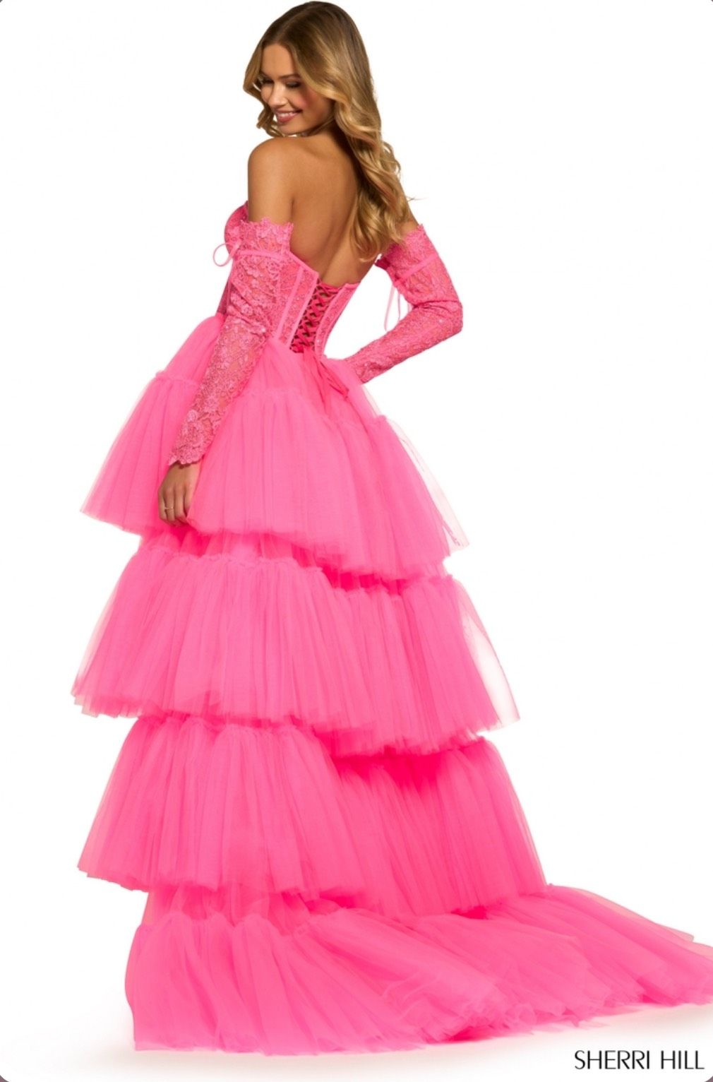 Style 55453 Sherri Hill Size 0 Prom Strapless Lace Hot Pink Dress With Train on Queenly