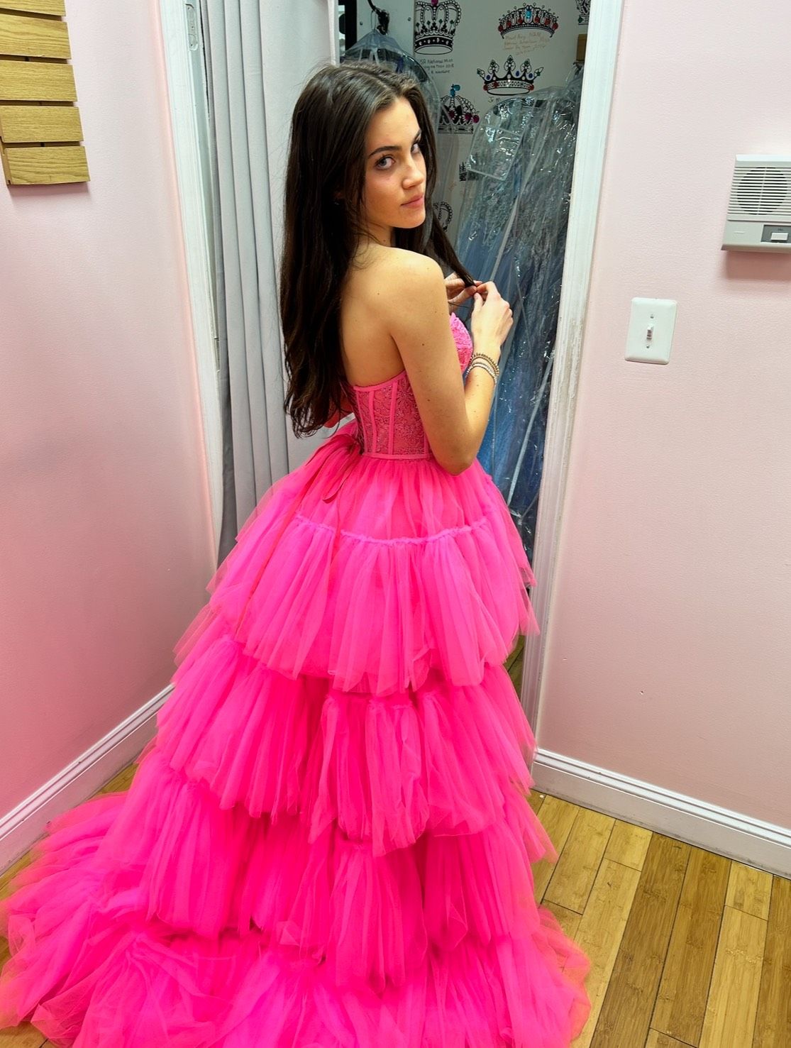 Style 55453 Sherri Hill Size 0 Prom Strapless Lace Hot Pink Dress With Train on Queenly