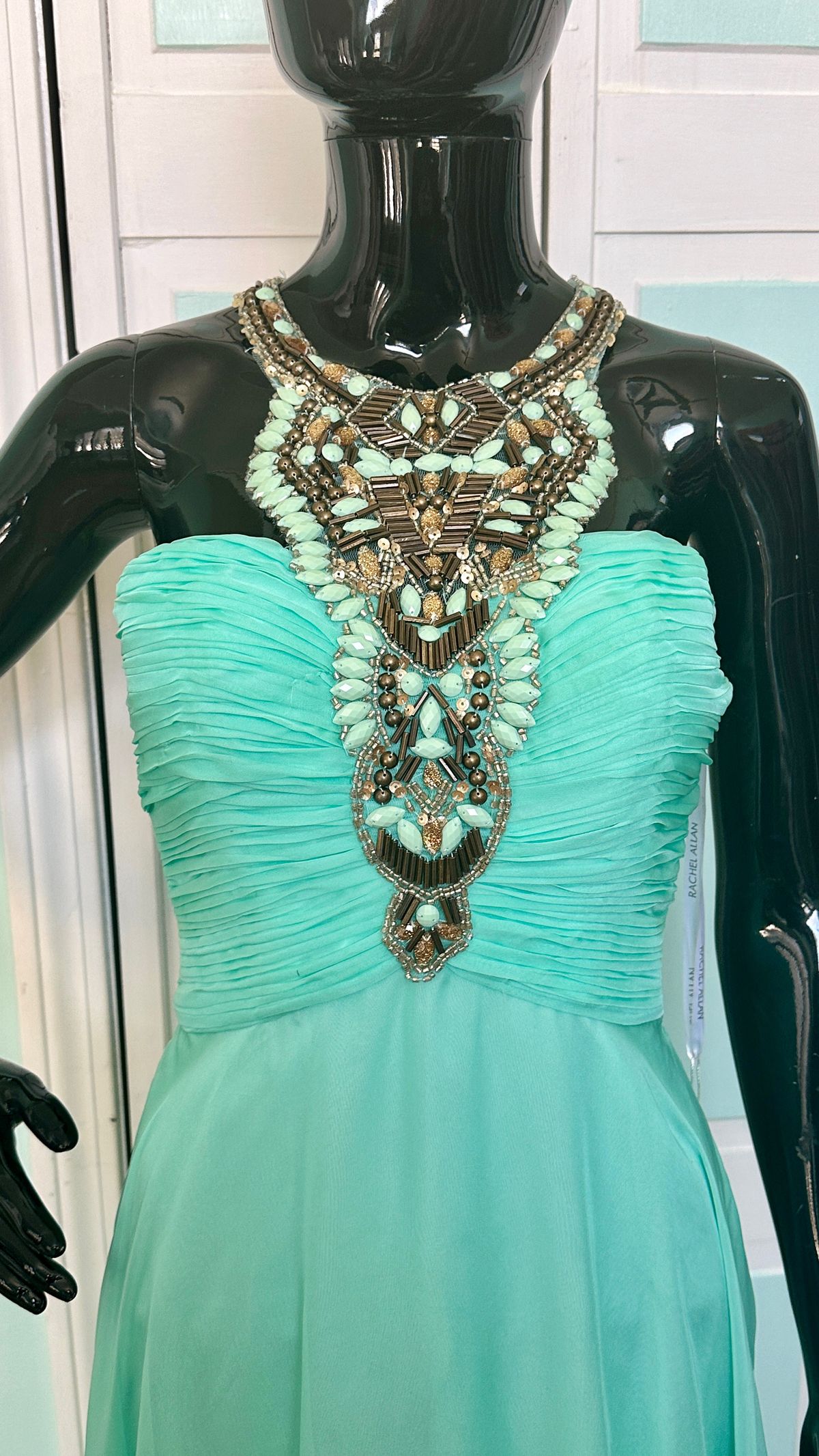 Style 7197 Rachel Allan Size 4 Prom High Neck Sequined Light Green A-line Dress on Queenly