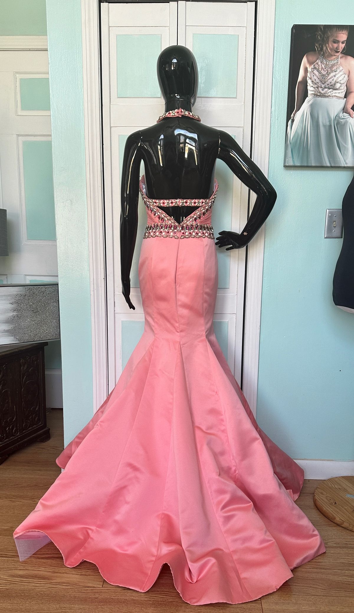 Style 2914 Rachel Allan Size 4 Prom Halter Coral Mermaid Dress on Queenly