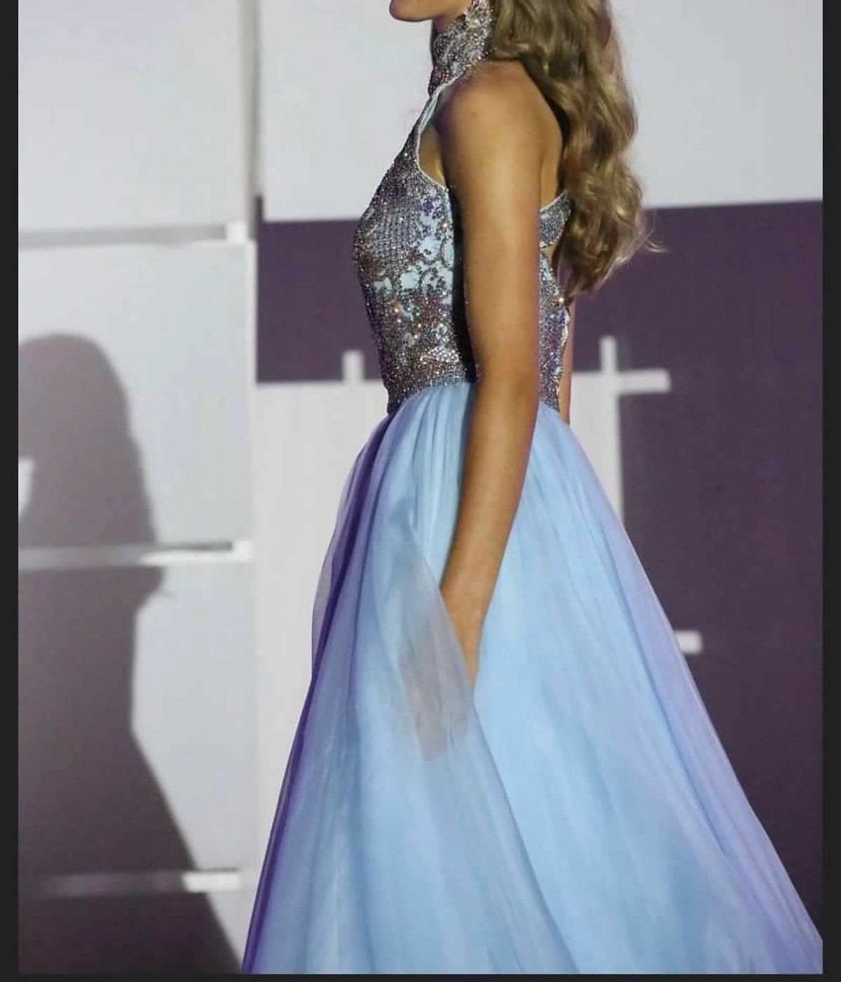Sherri Hill Size 6 Pageant High Neck Light Blue Dress With Train on Queenly