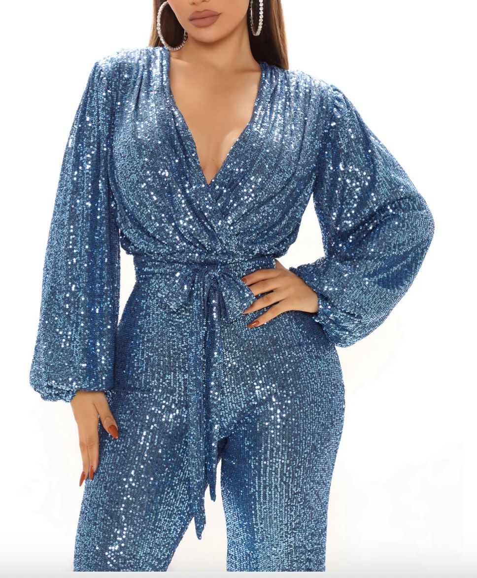 Size S Prom Long Sleeve Blue Formal Jumpsuit on Queenly